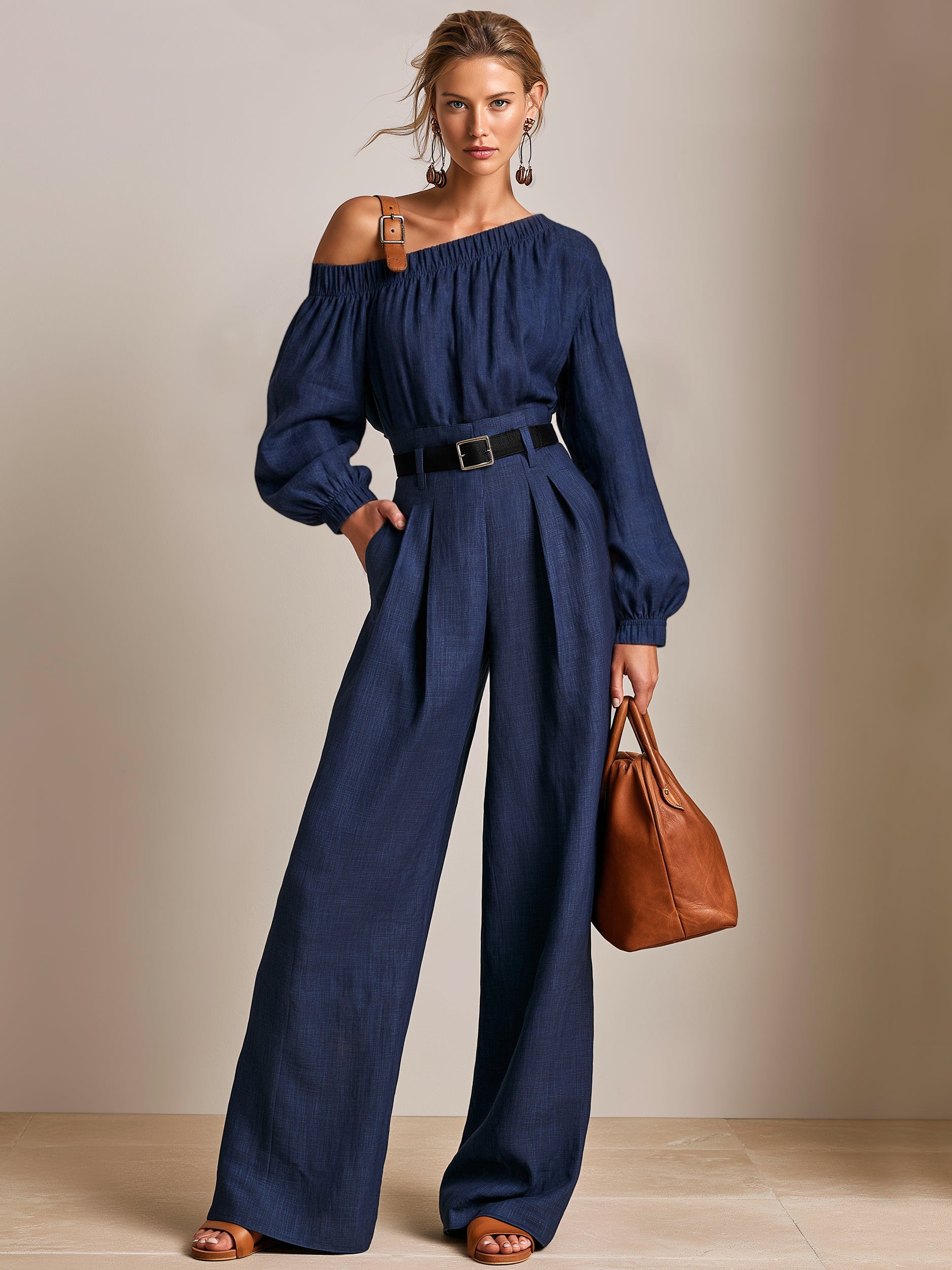 Elegant Relaxed Linen Navy One‑Shoulder Lantern‑Sleeve Wide‑Leg Pant Set