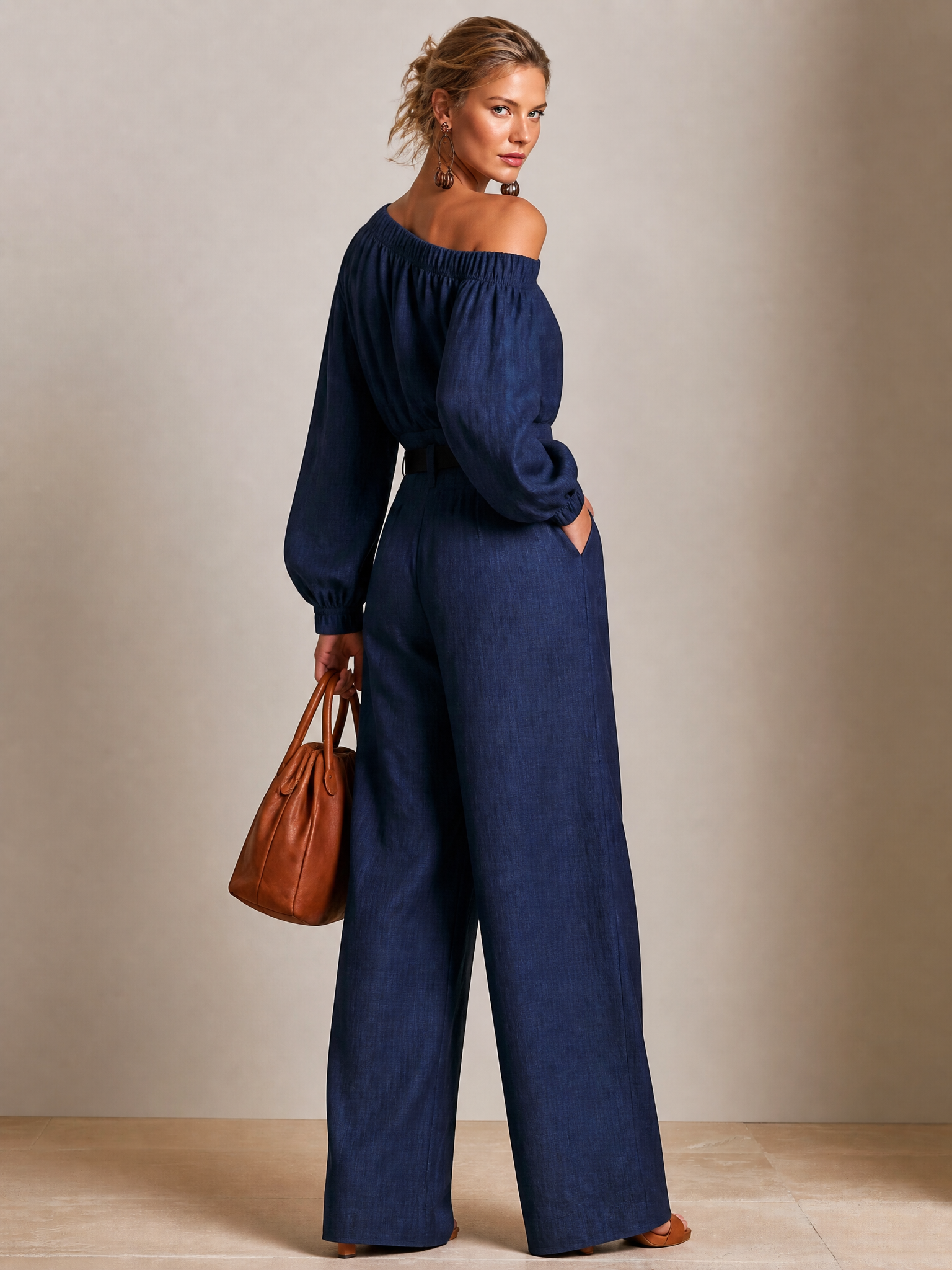 Elegant Relaxed Linen Navy One‑Shoulder Lantern‑Sleeve Wide‑Leg Pant Set