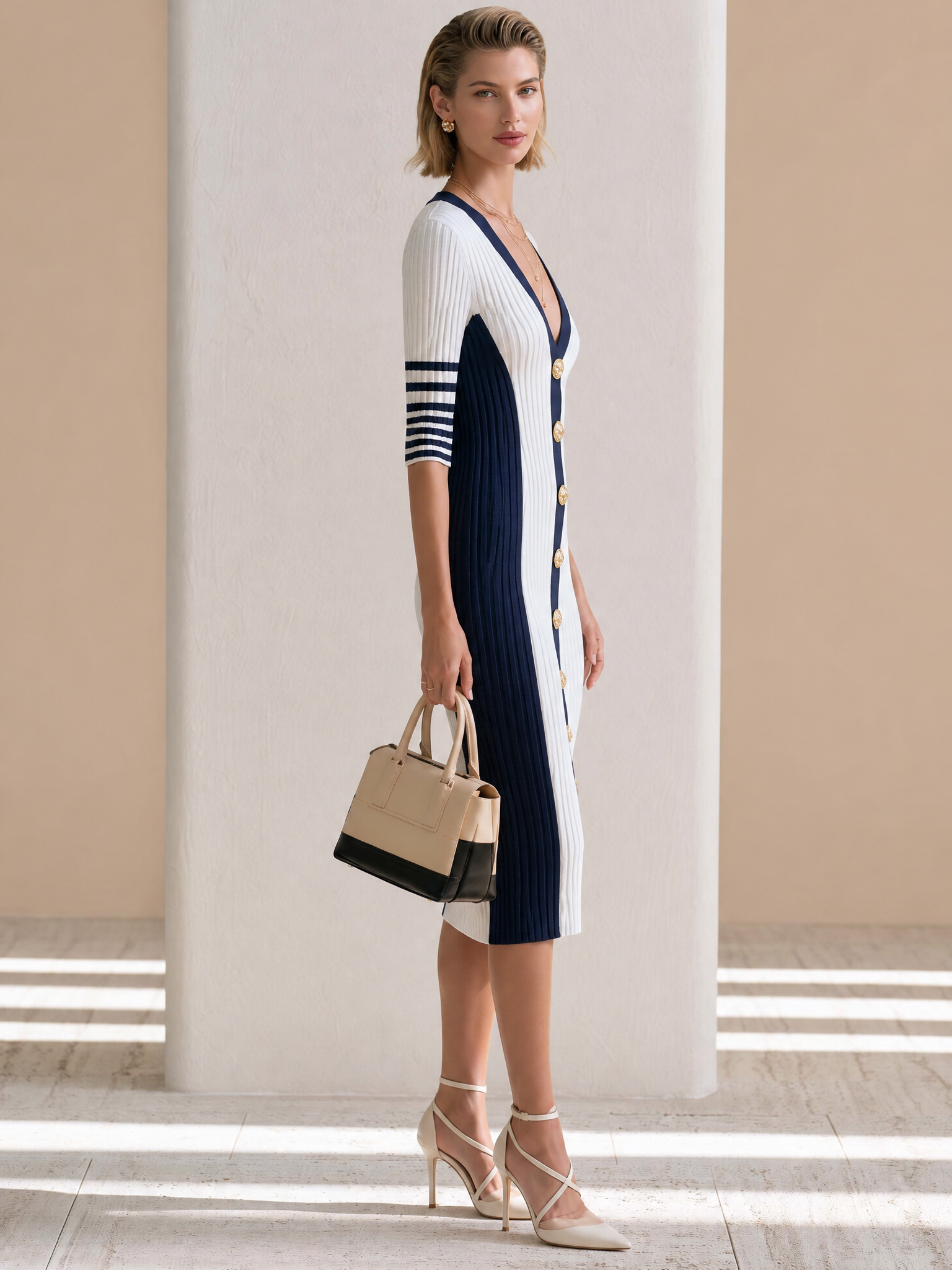 Elegant Relaxed Knit Navy‑White Color‑Block V‑Neck Midi Bodycon Dress