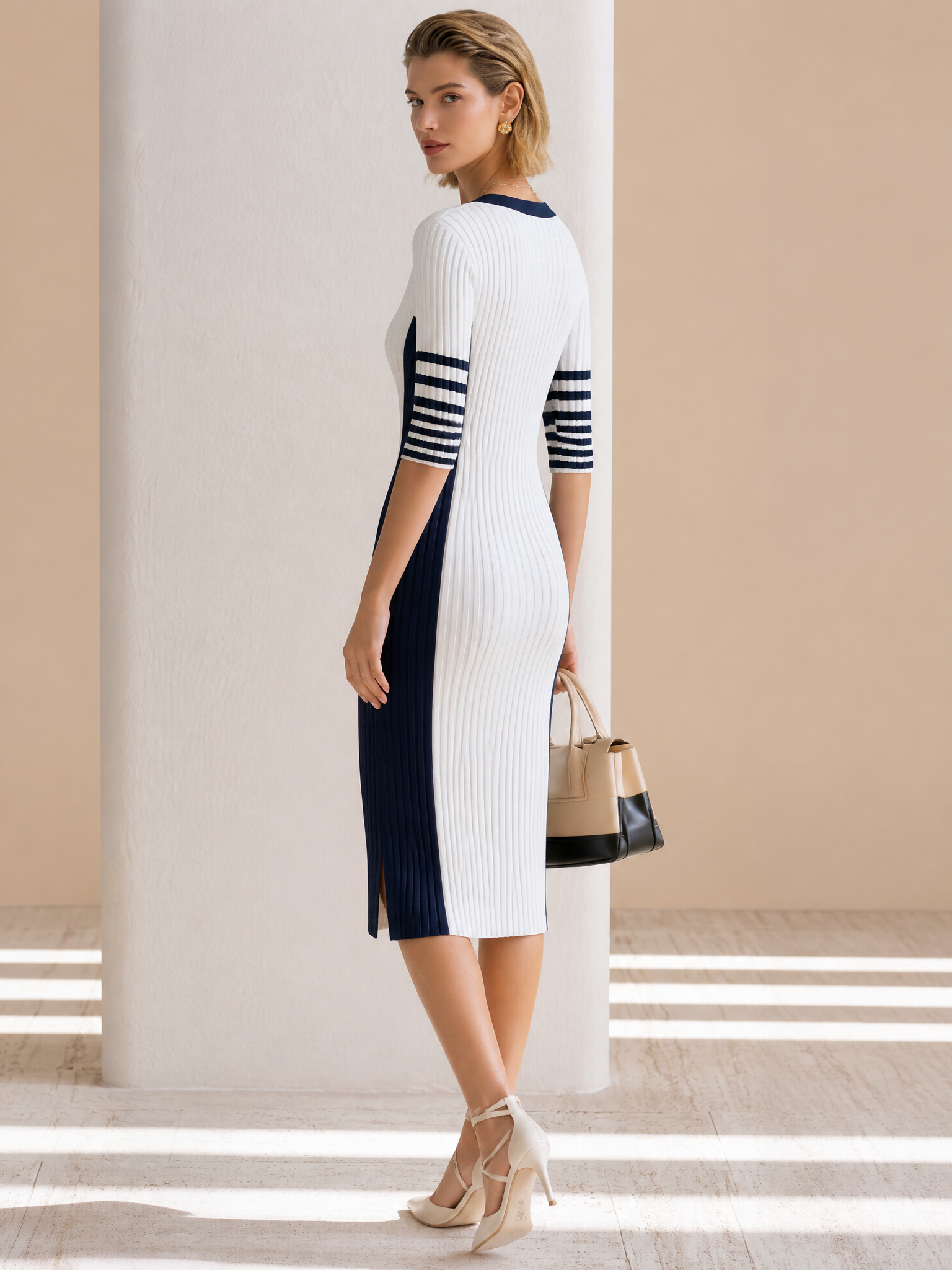 Elegant Relaxed Knit Navy‑White Color‑Block V‑Neck Midi Bodycon Dress