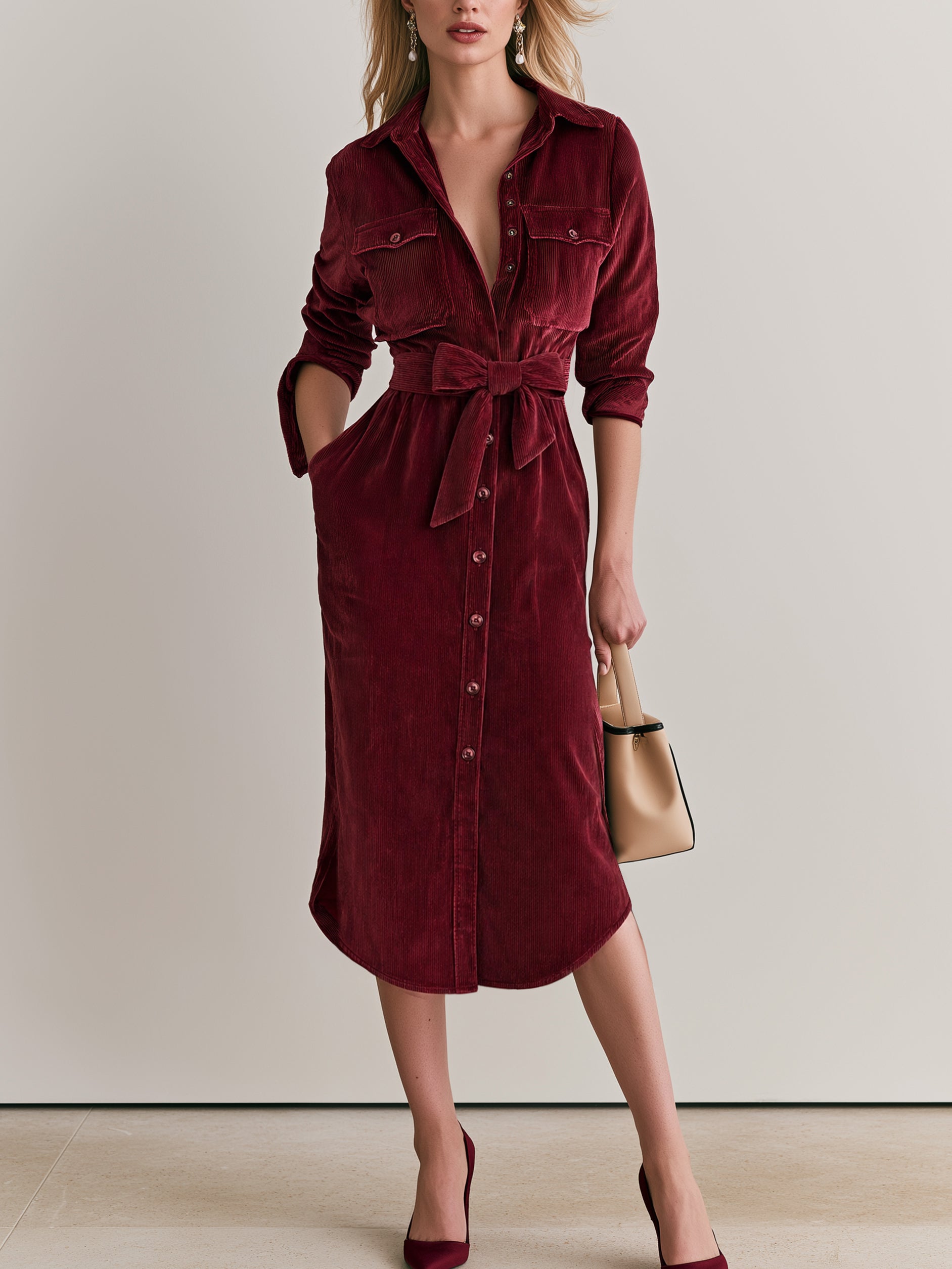 Cotton Burgundy Shirt Midi Dress With Self-Tie Waist Belt