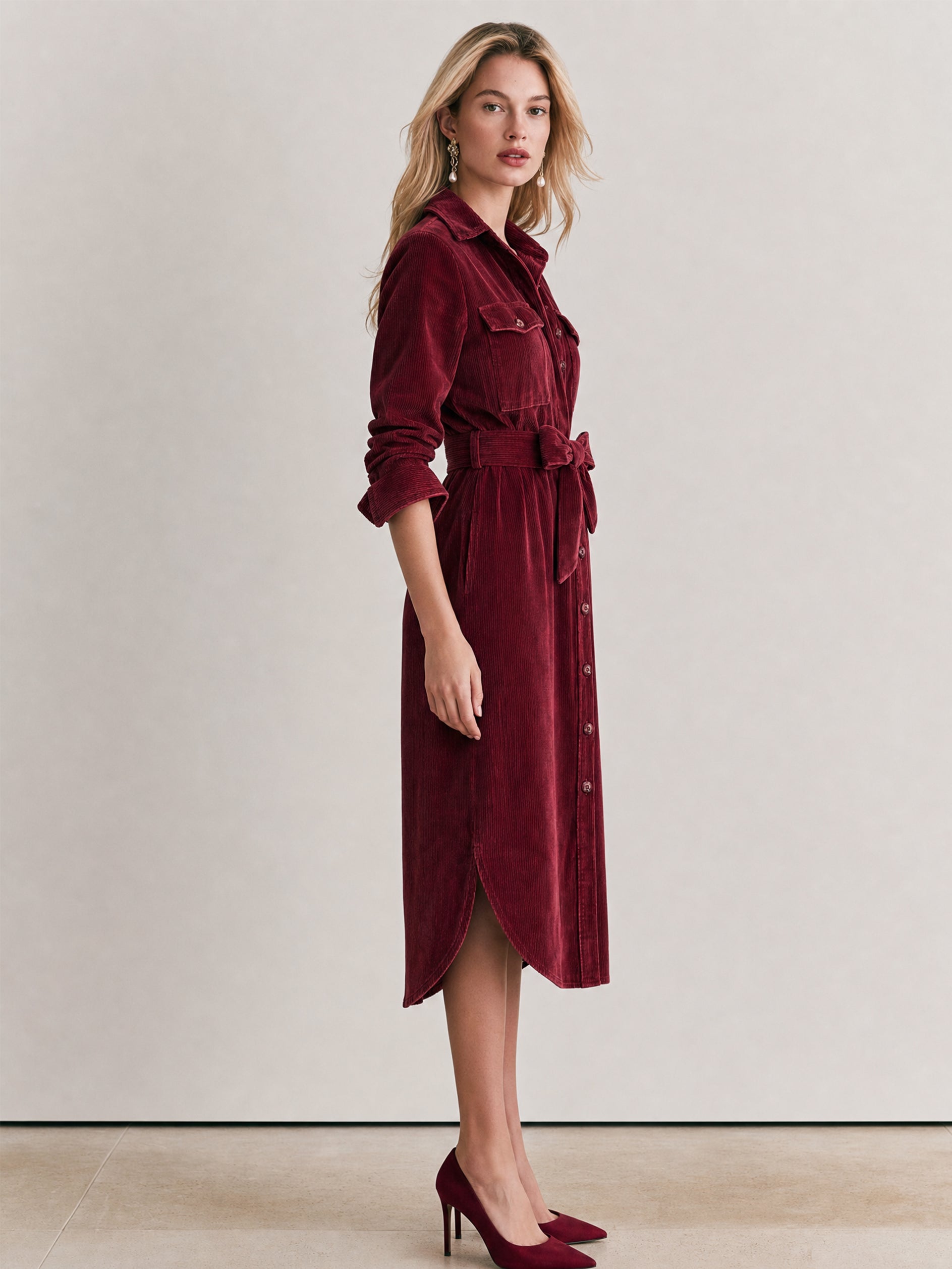 Cotton Burgundy Shirt Midi Dress With Self-Tie Waist Belt