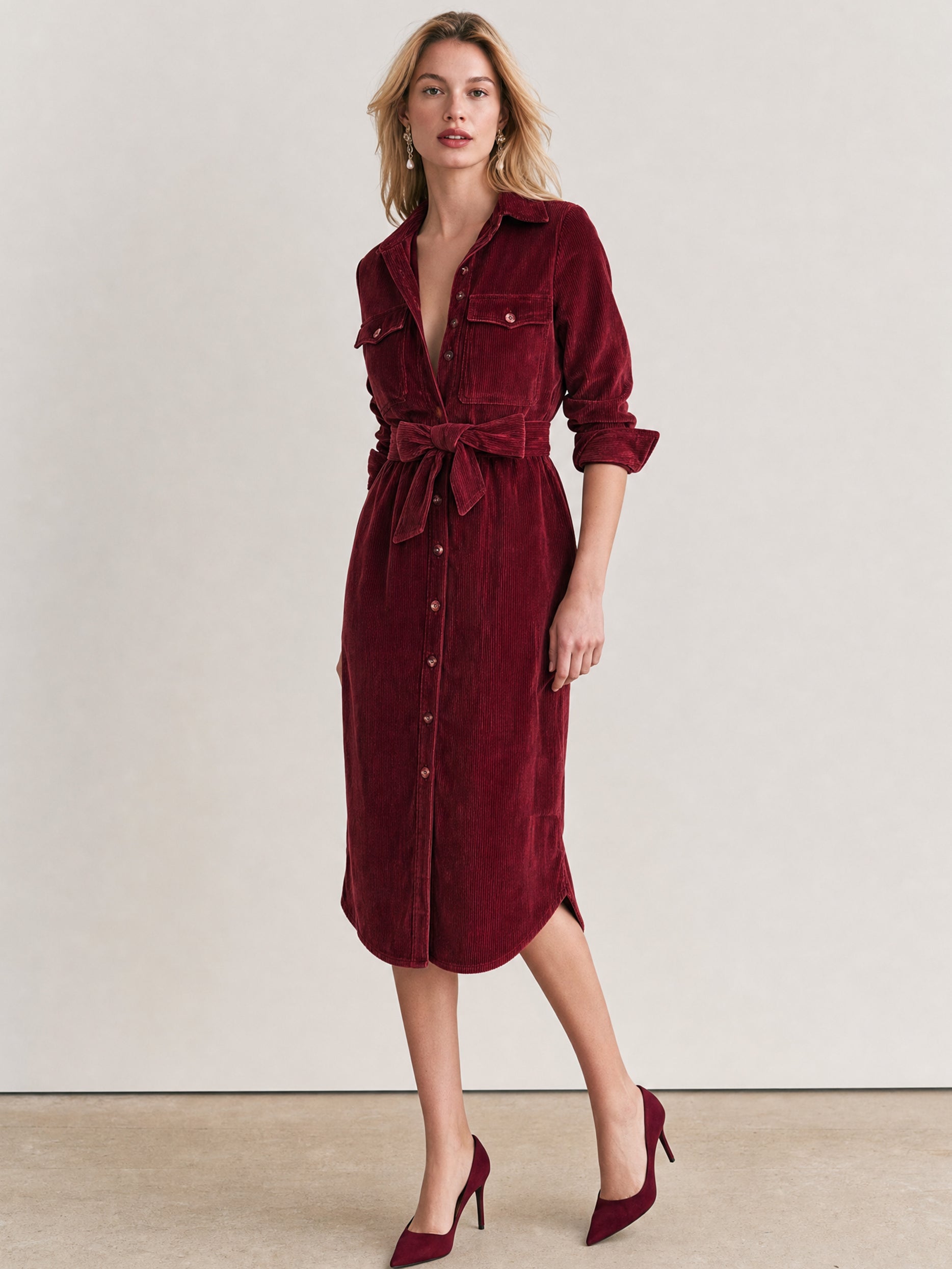 Cotton Burgundy Shirt Midi Dress With Self-Tie Waist Belt
