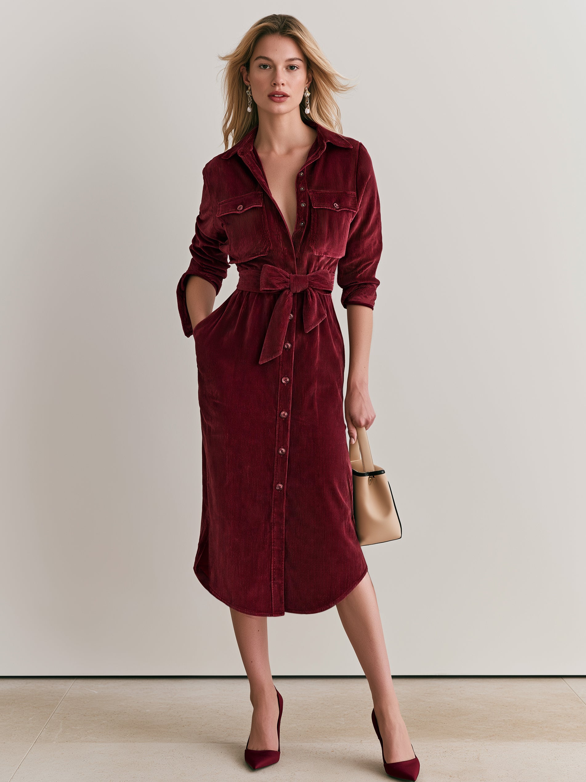 Cotton Burgundy Shirt Midi Dress With Self-Tie Waist Belt