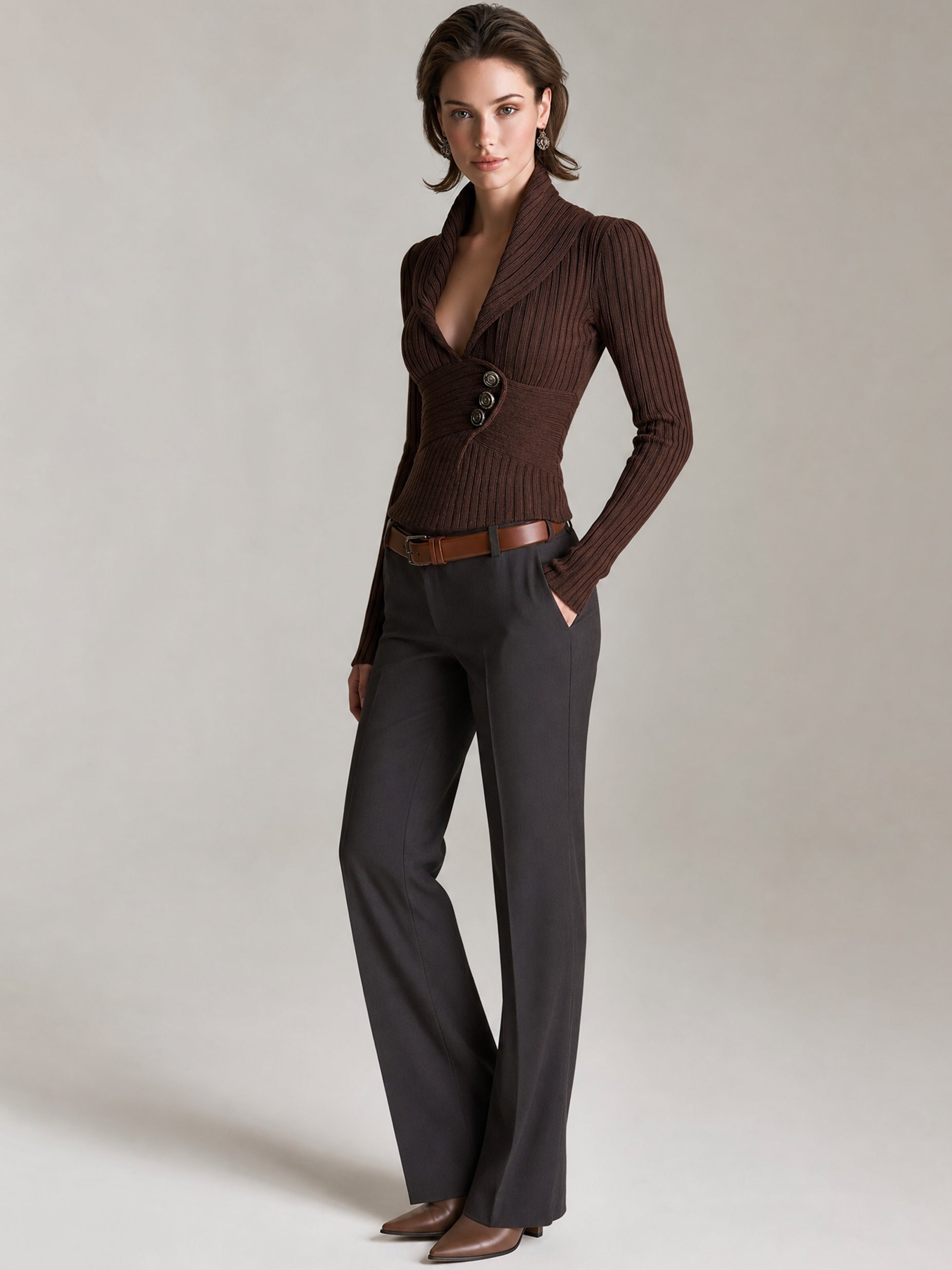 Chocolate Brown Ribbed Knit Shawl Collar Sweater