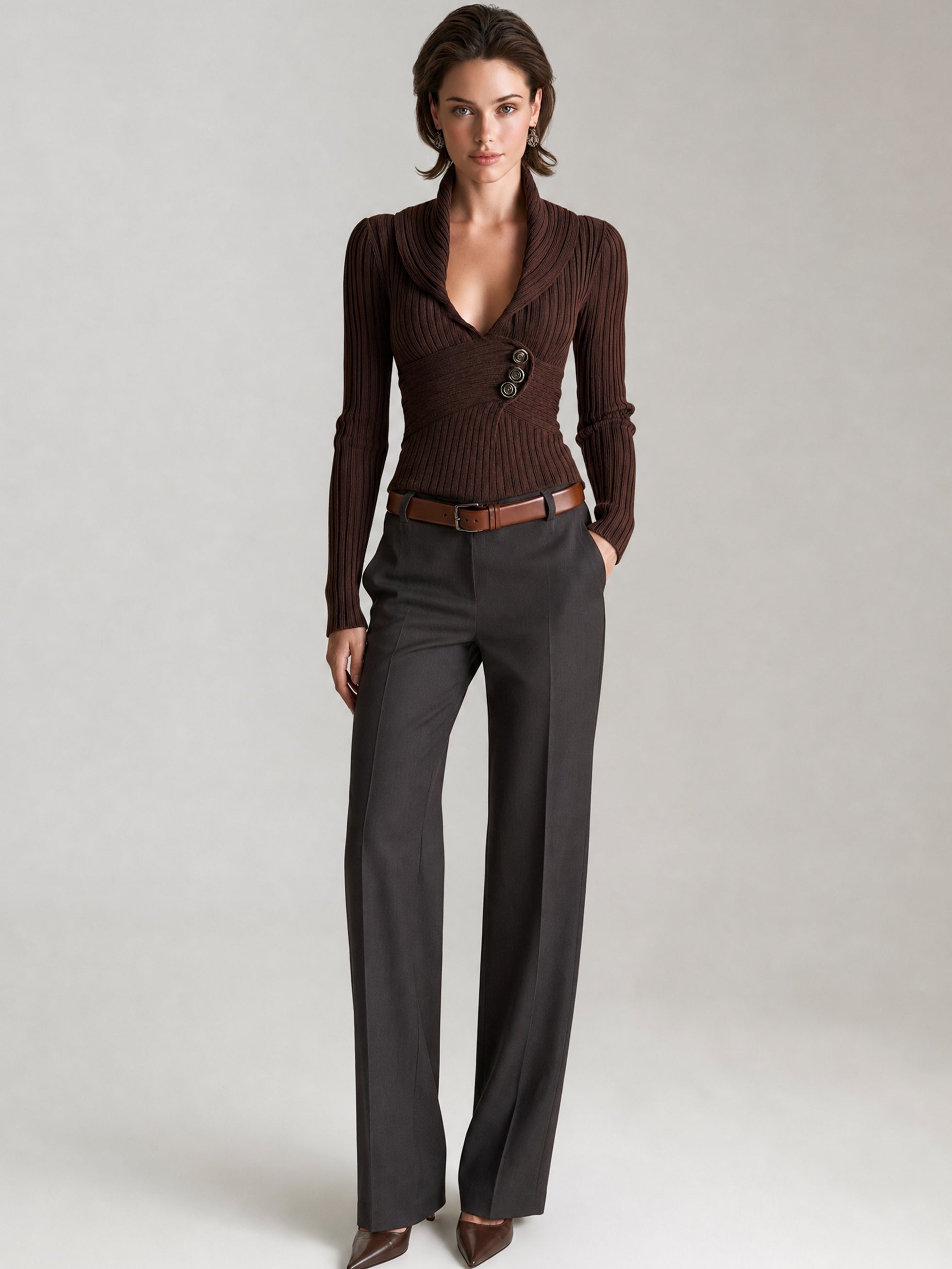Chocolate Brown Ribbed Knit Shawl Collar Sweater