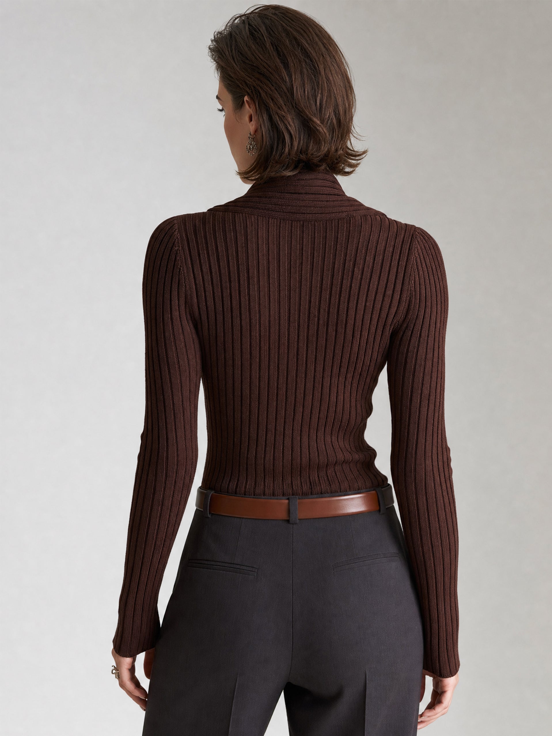 Chocolate Brown Ribbed Knit Shawl Collar Sweater