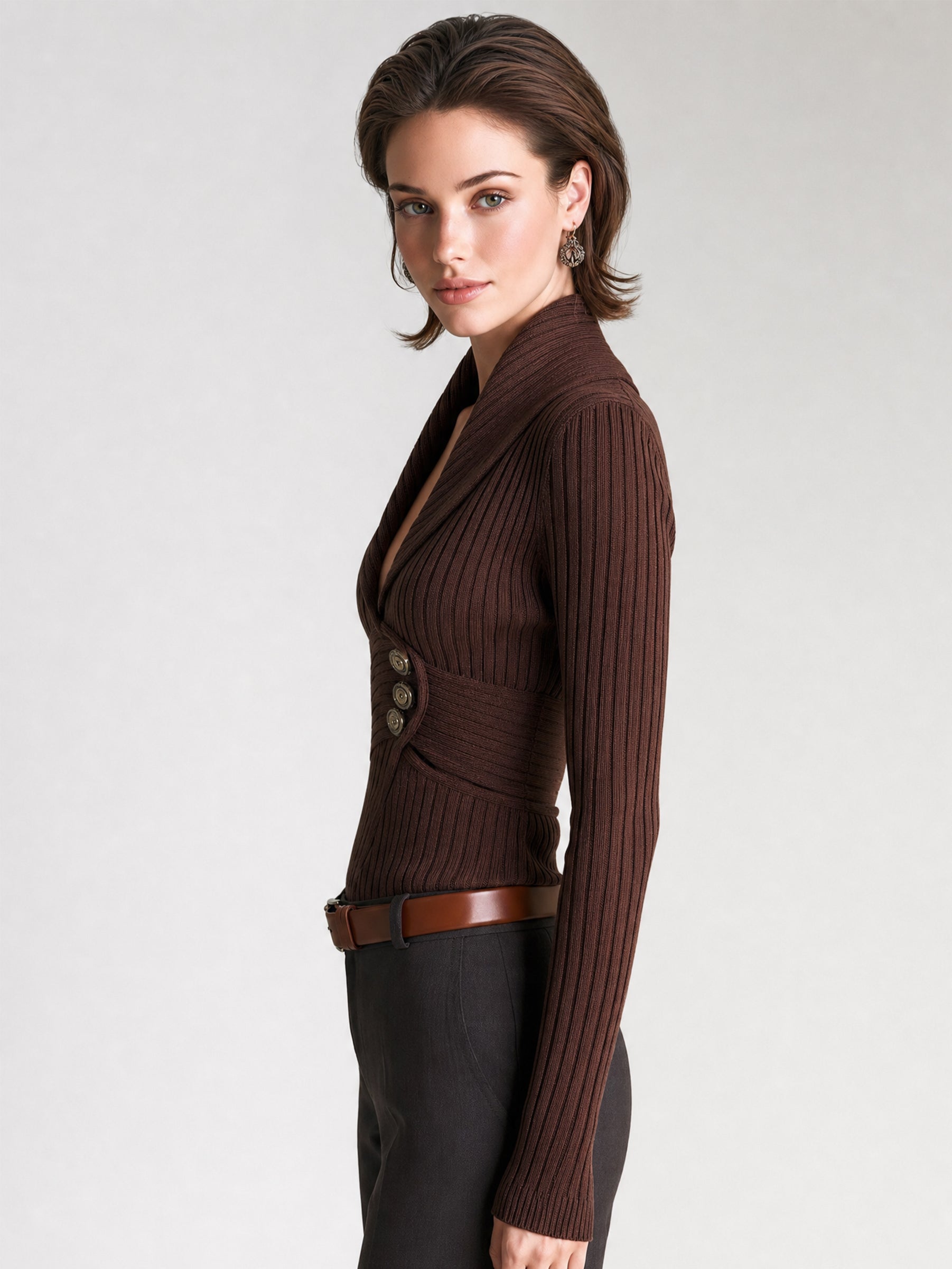 Chocolate Brown Ribbed Knit Shawl Collar Sweater