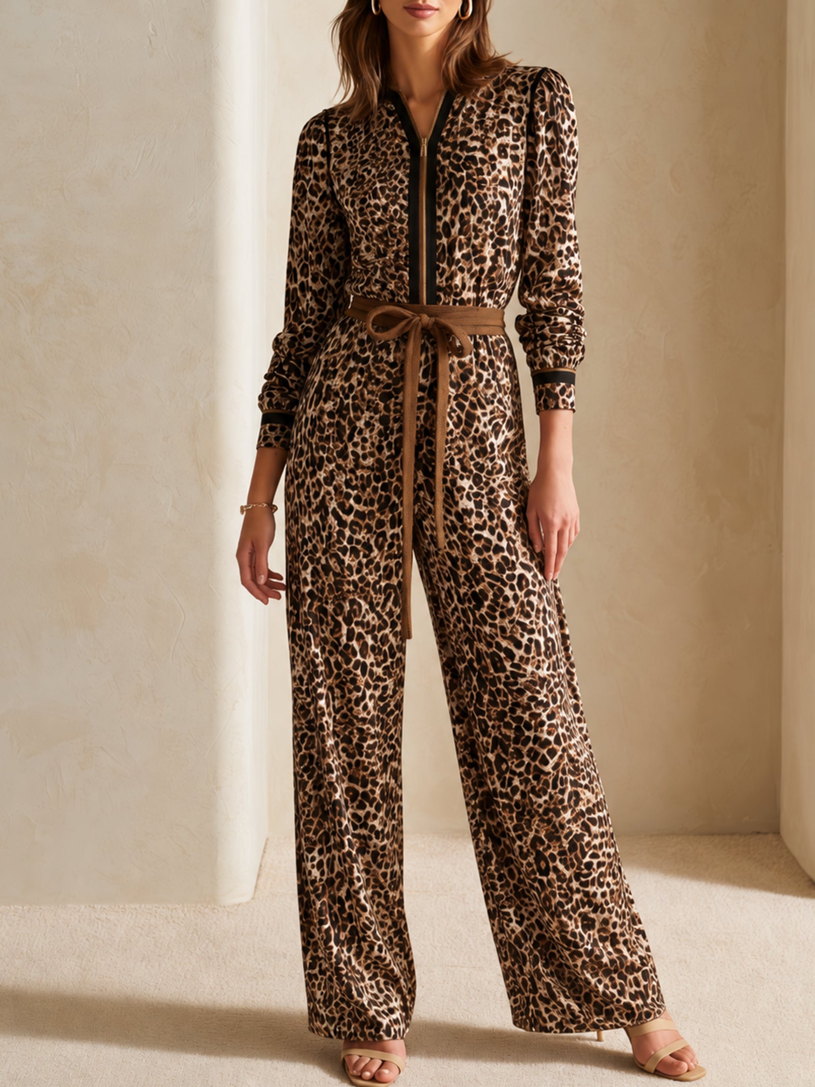 Elegant Long-Sleeve Leopard Print Jumpsuit With Piping Detail
