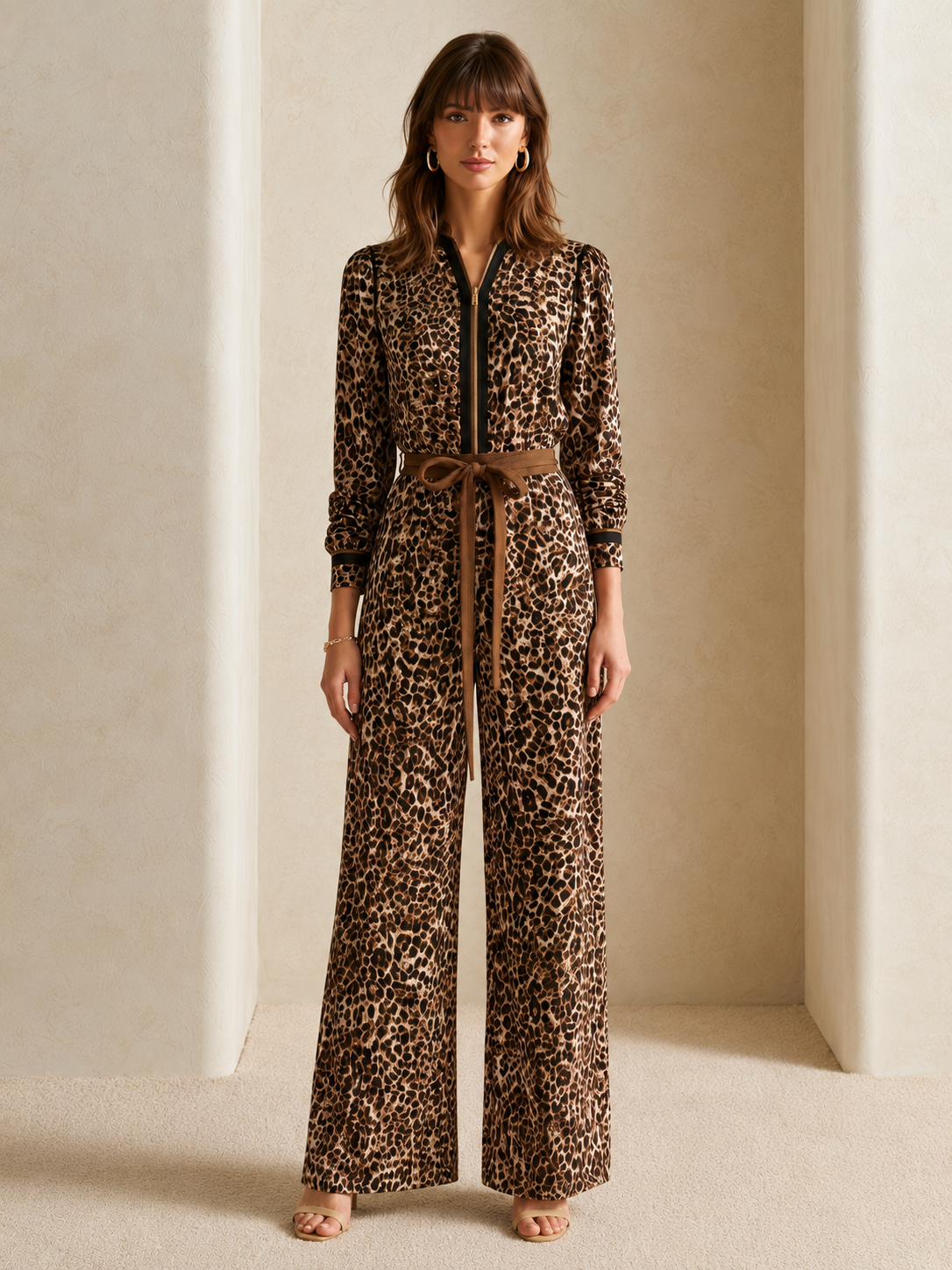 Elegant Long-Sleeve Leopard Print Jumpsuit With Piping Detail