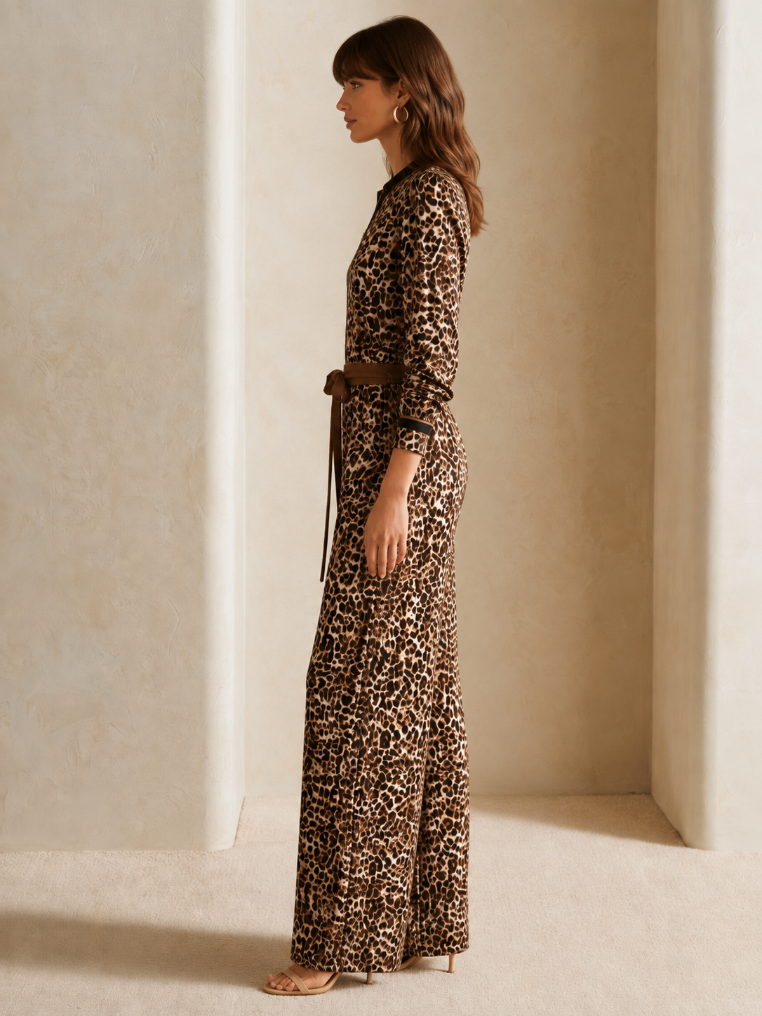 Elegant Long-Sleeve Leopard Print Jumpsuit With Piping Detail