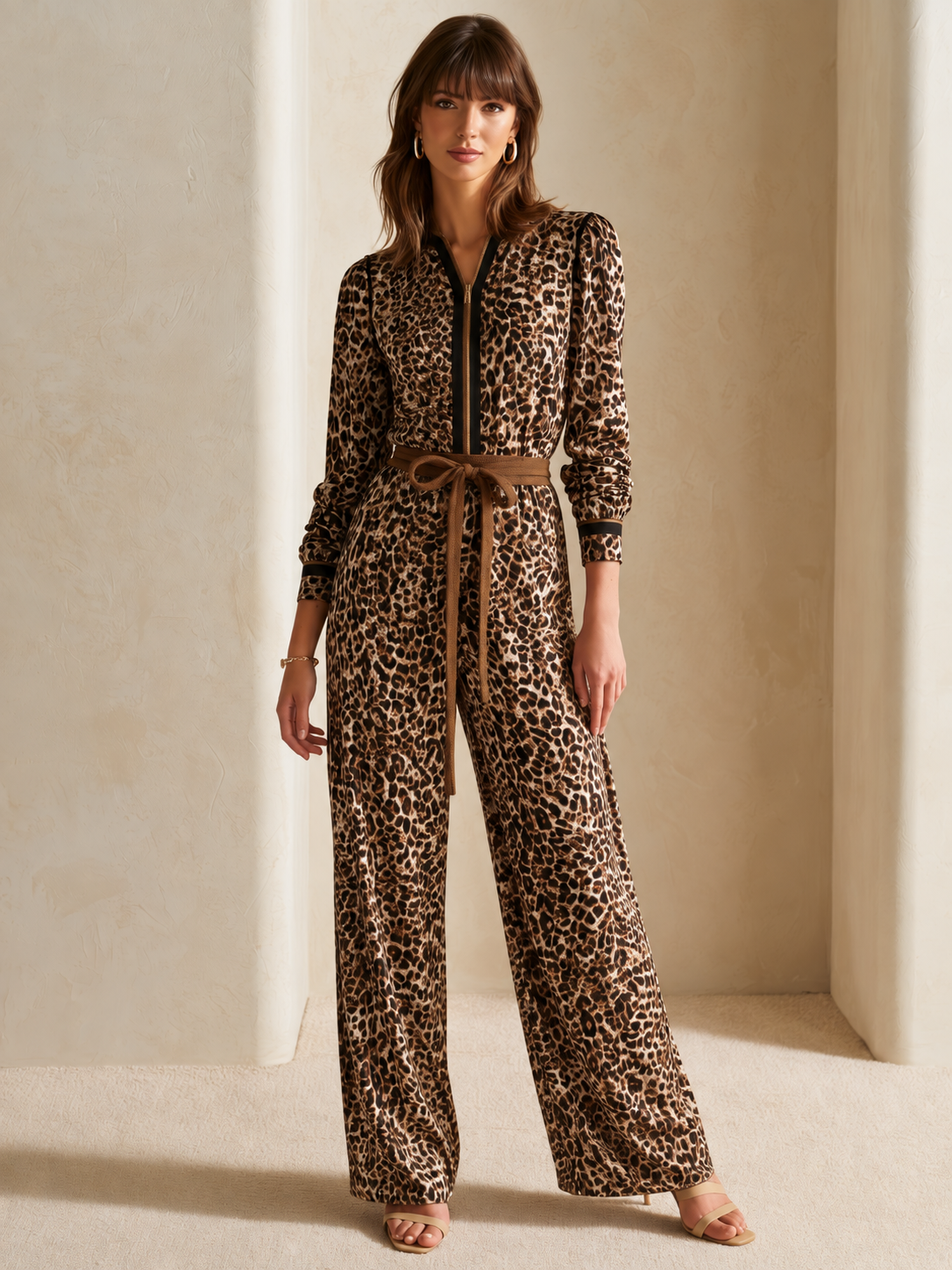 Elegant Long-Sleeve Leopard Print Jumpsuit With Piping Detail