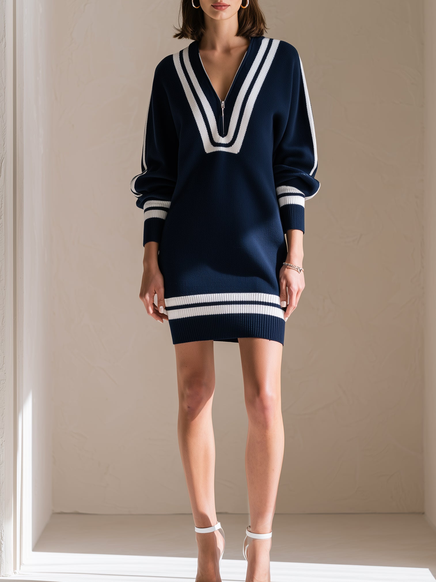 Navy Blue Oversized Knit Top With White Stripe Detailing