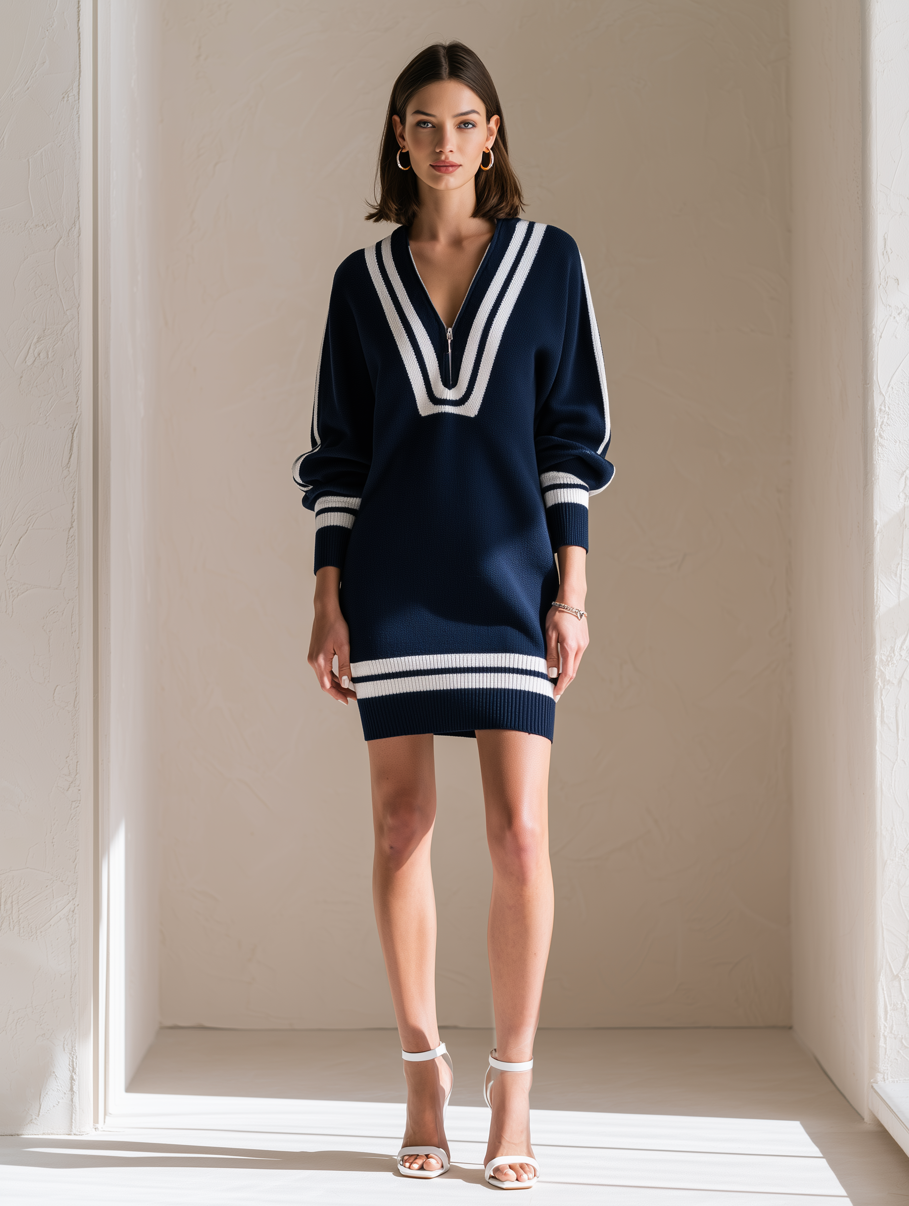 Navy Blue Oversized Knit Top With White Stripe Detailing