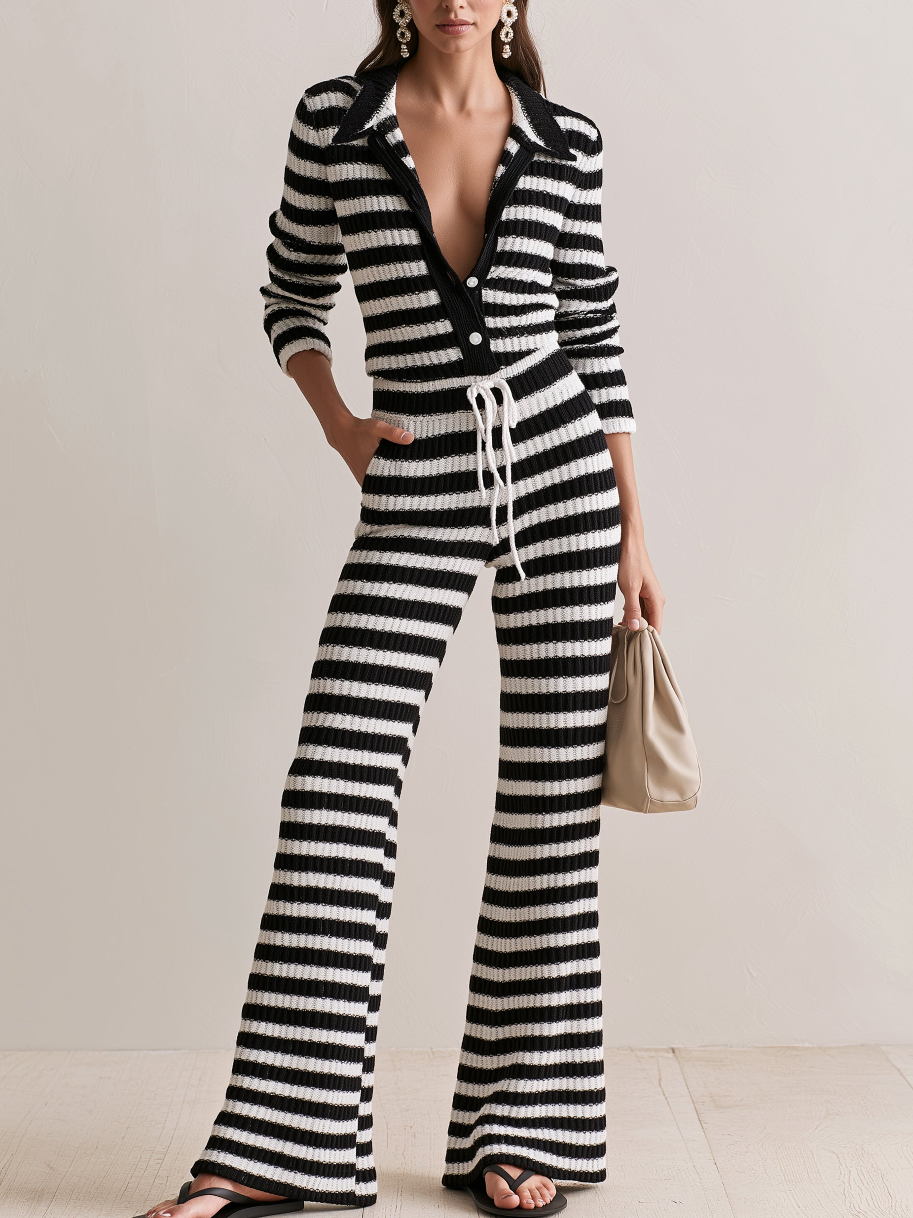 Black & White Striped Knit Shirt & Drawstring Flare Pants Set