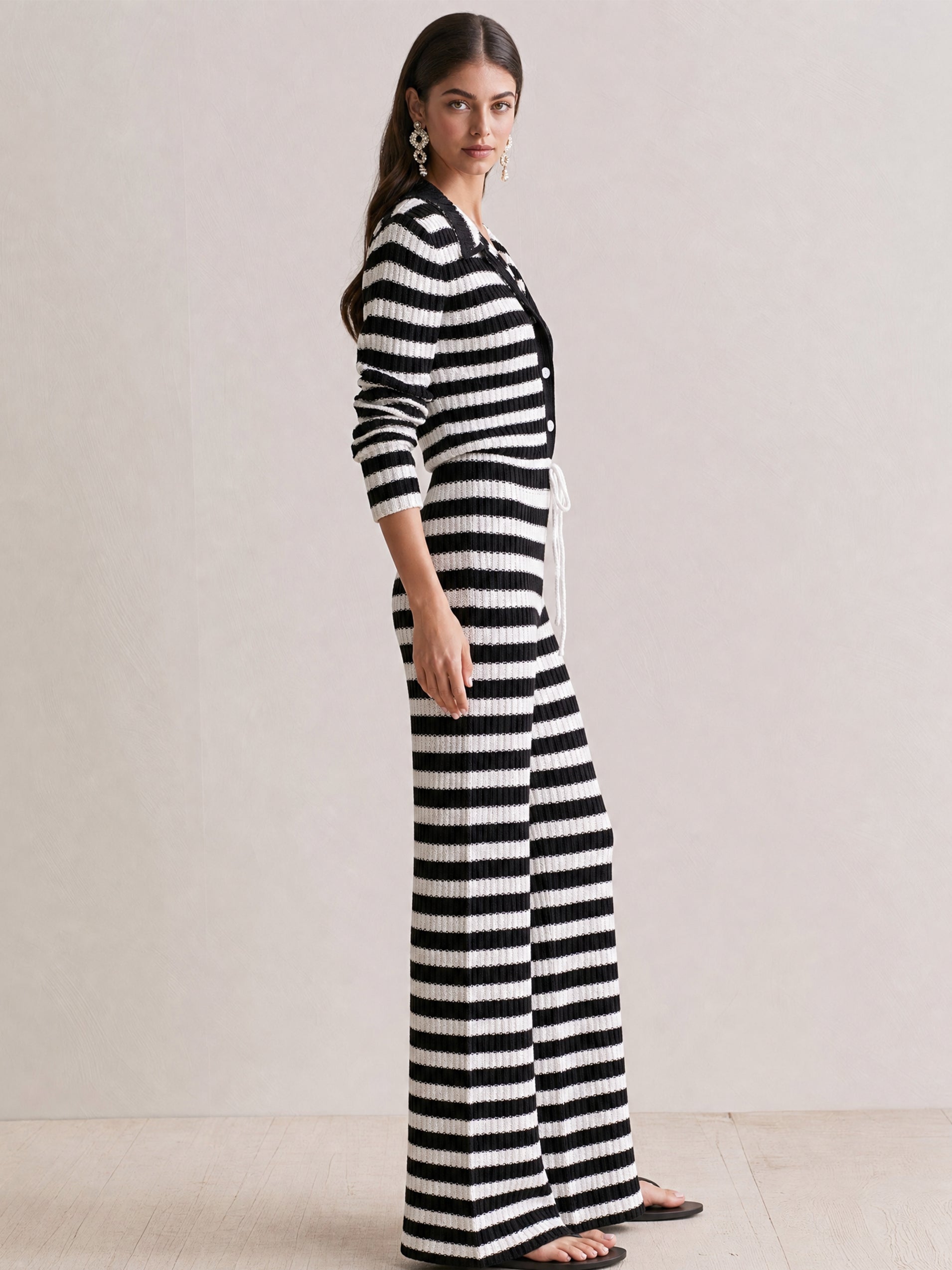 Black & White Striped Knit Shirt & Drawstring Flare Pants Set
