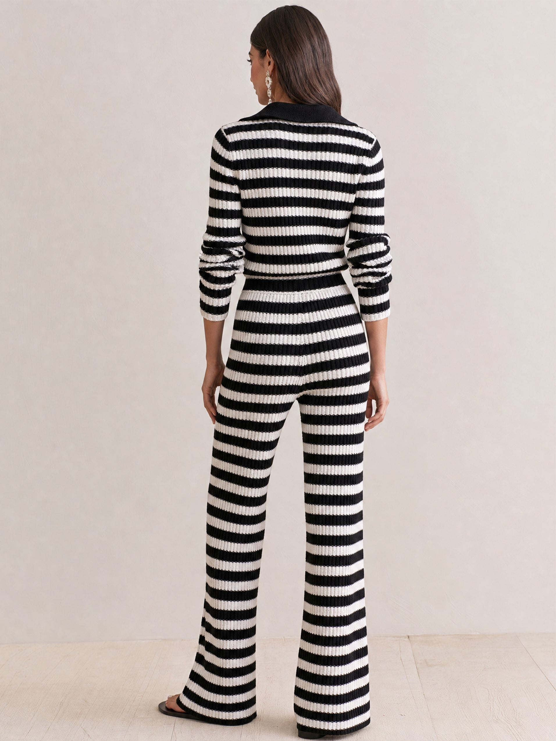 Black & White Striped Knit Shirt & Drawstring Flare Pants Set