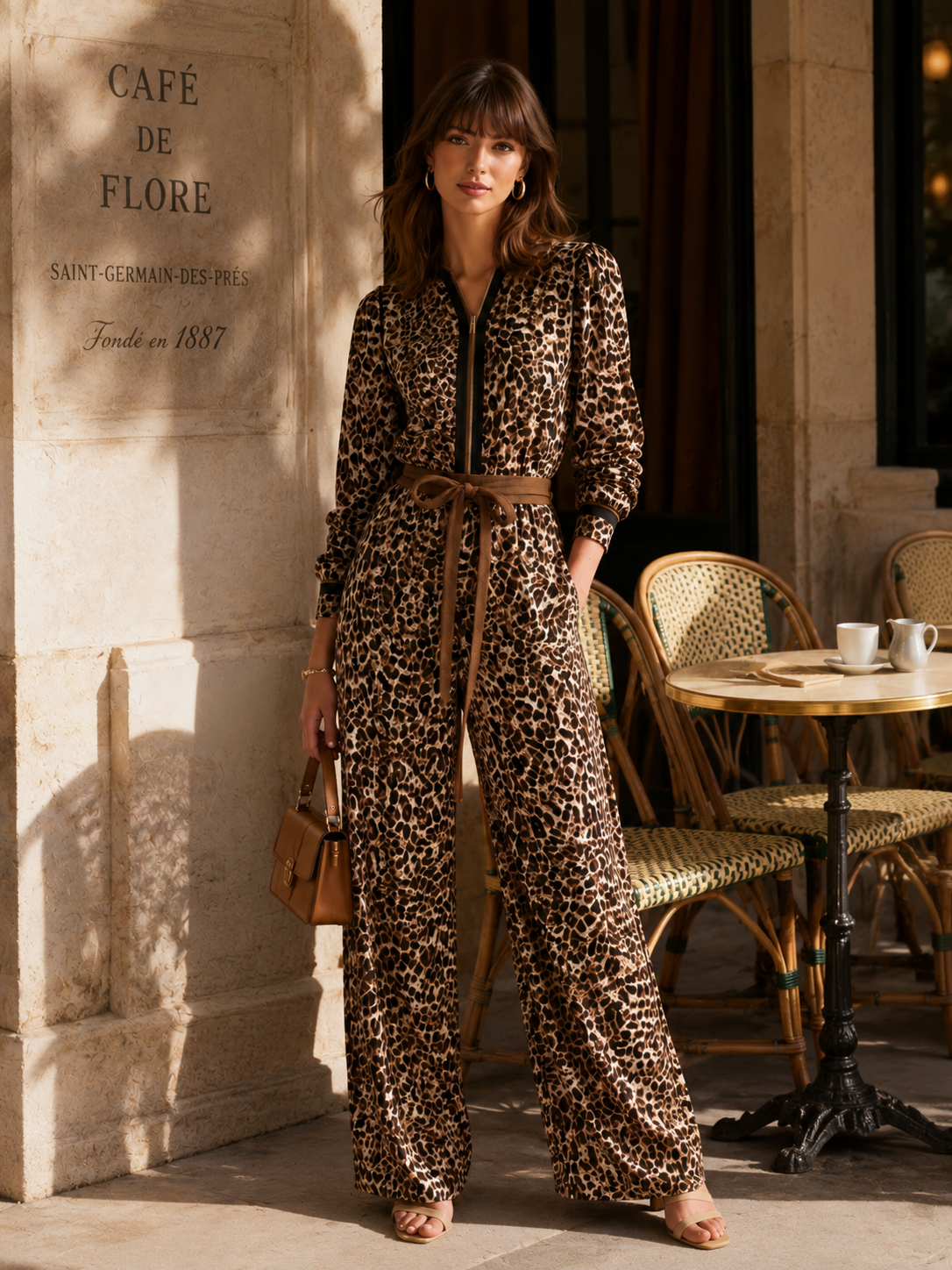 Elegant Long-Sleeve Leopard Print Jumpsuit With Piping Detail