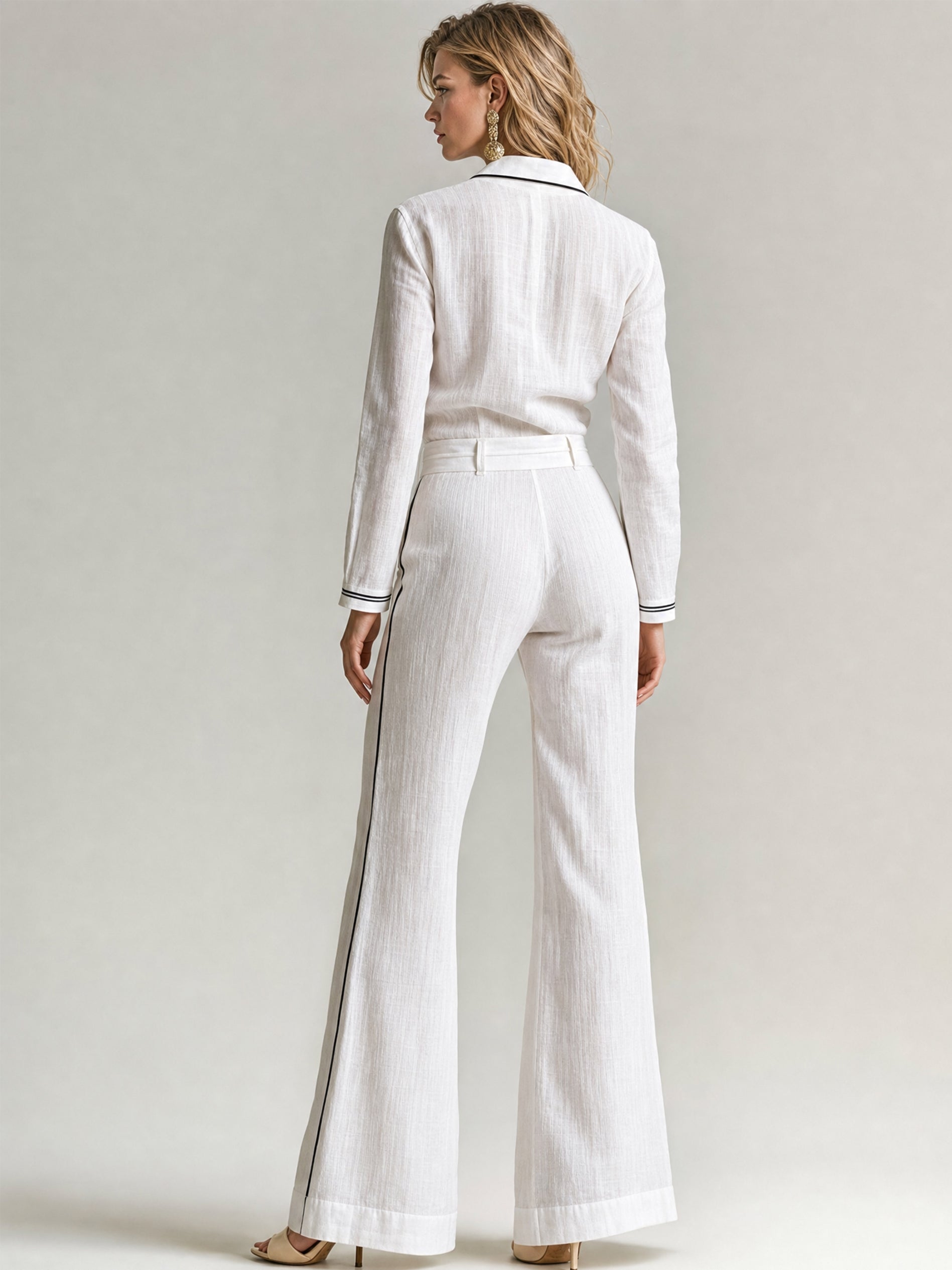 Cotton White Contrast Piping Shirt & High Waist Flare Pants Set