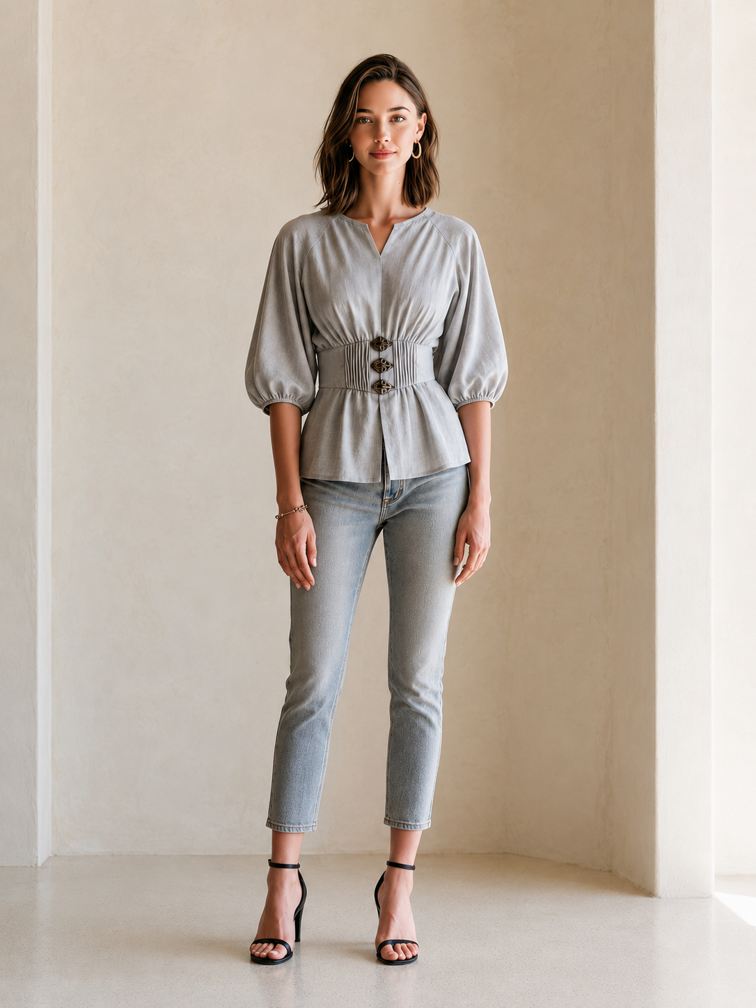 Elegant Grey Fitted Top With Puff Sleeves And A Small V-neck.