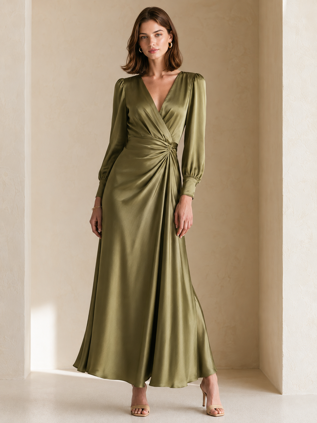 Elegant Olive Green Long-Sleeve Dress With Pleated Waist Detail