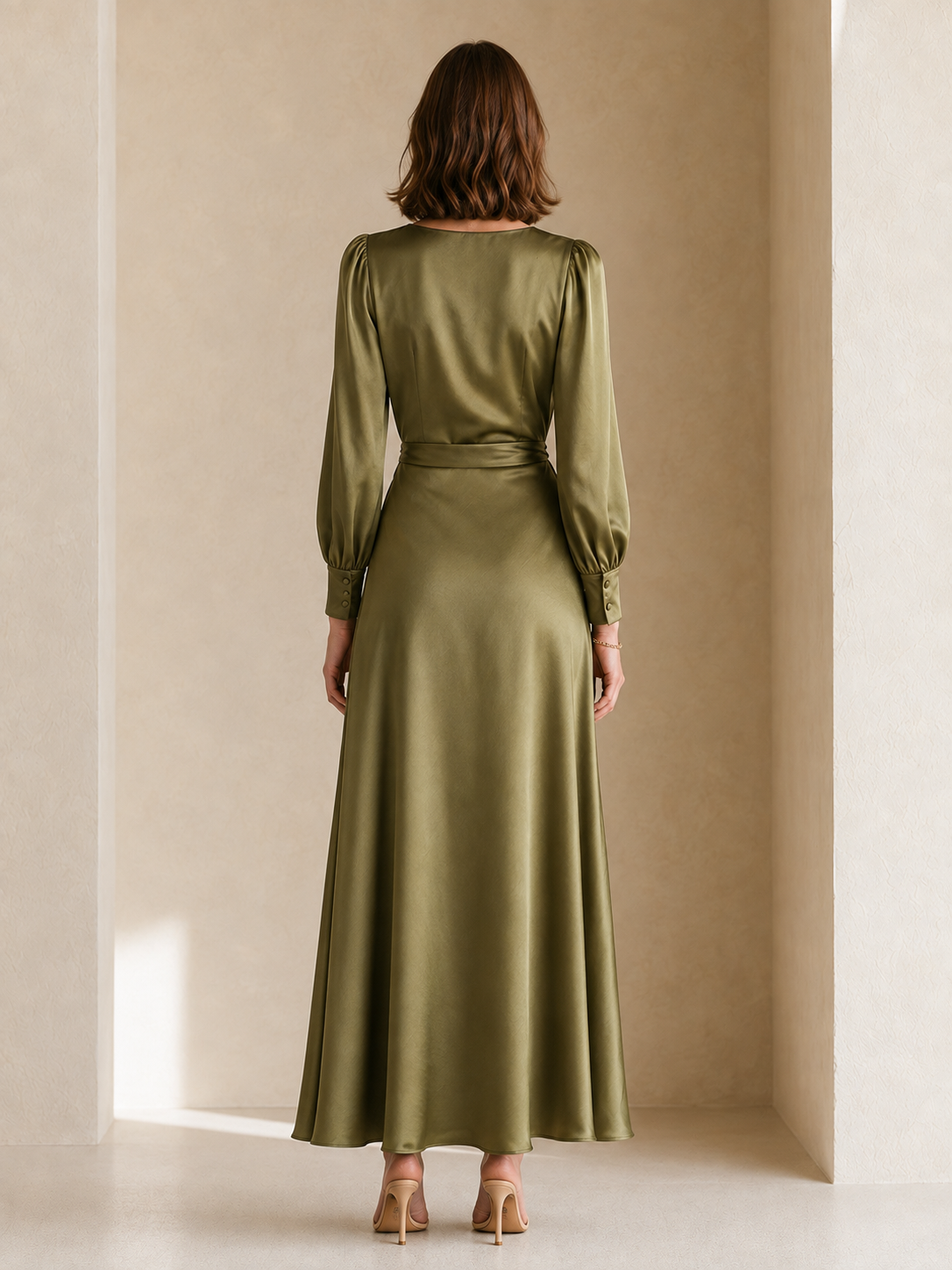 Elegant Olive Green Long-Sleeve Dress With Pleated Waist Detail