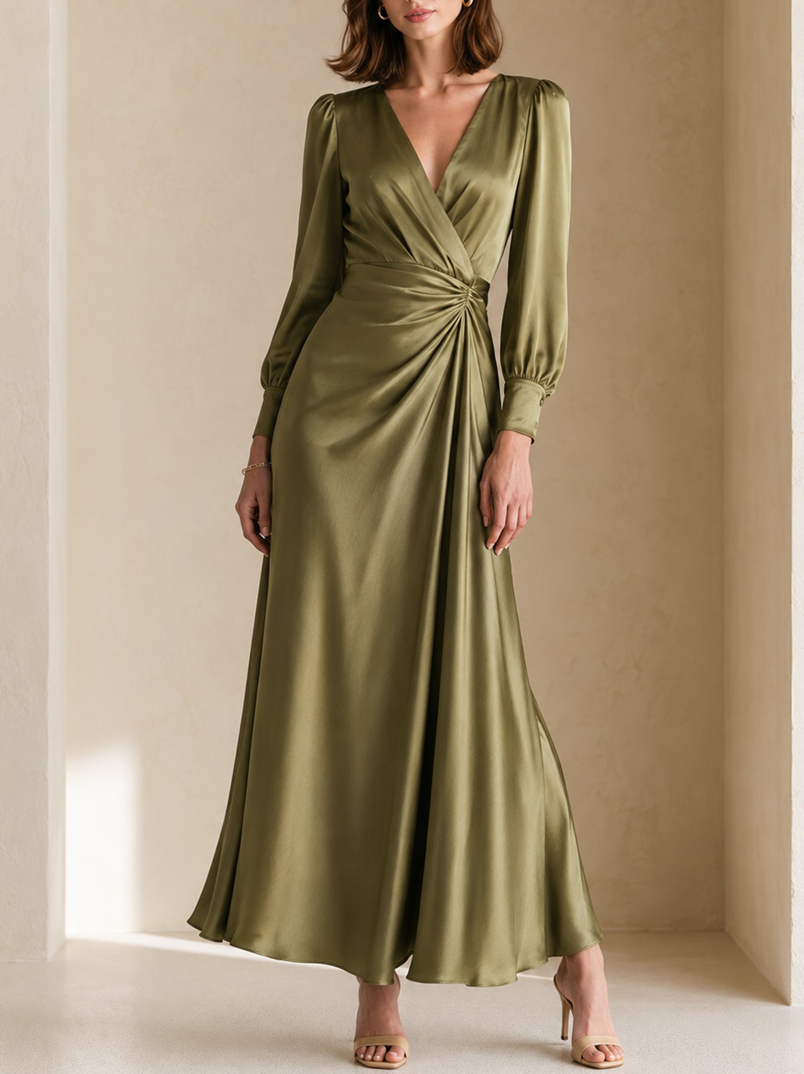 Elegant Olive Green Long-Sleeve Dress With Pleated Waist Detail