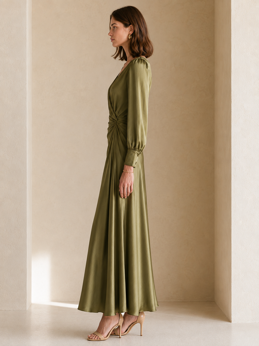Elegant Olive Green Long-Sleeve Dress With Pleated Waist Detail