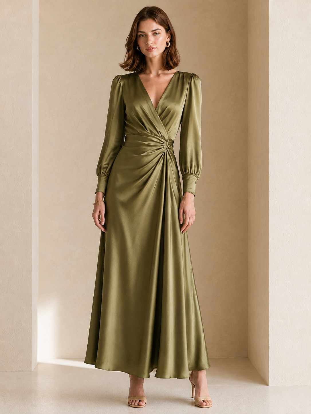 Elegant Olive Green Long-Sleeve Dress With Pleated Waist Detail