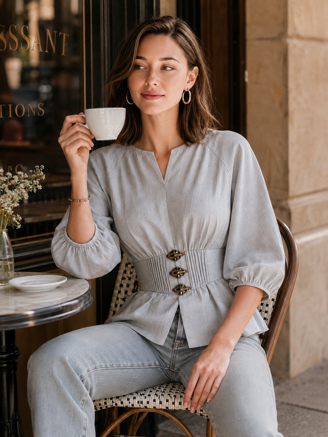Elegant Grey Fitted Top With Puff Sleeves And A Small V-neck.
