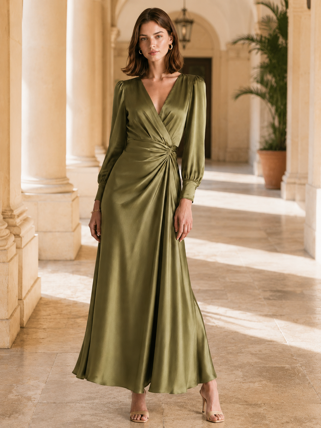 Elegant Olive Green Long-Sleeve Dress With Pleated Waist Detail