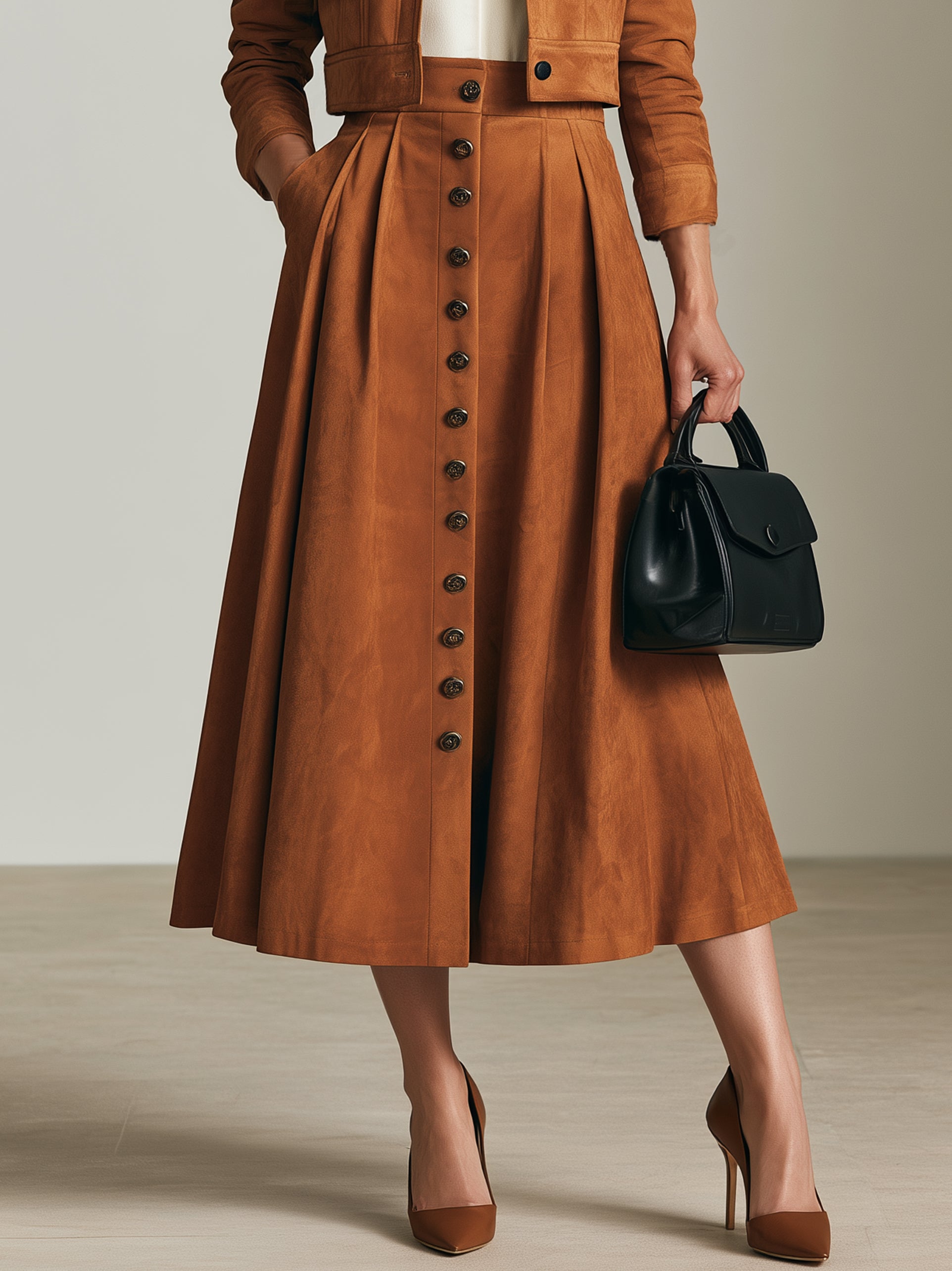 Camel High Waist Button Front Pleated Midi Skirt