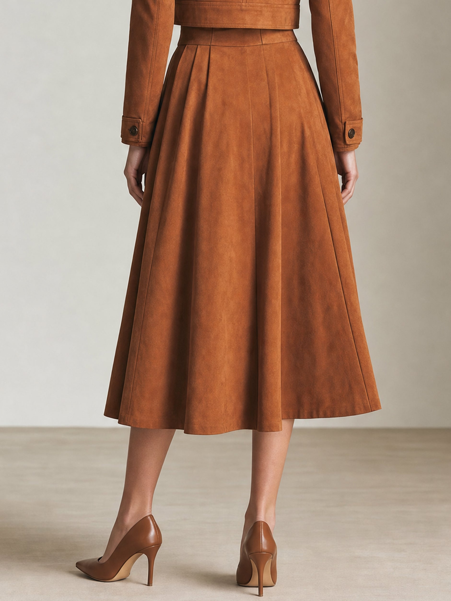 Camel High Waist Button Front Pleated Midi Skirt