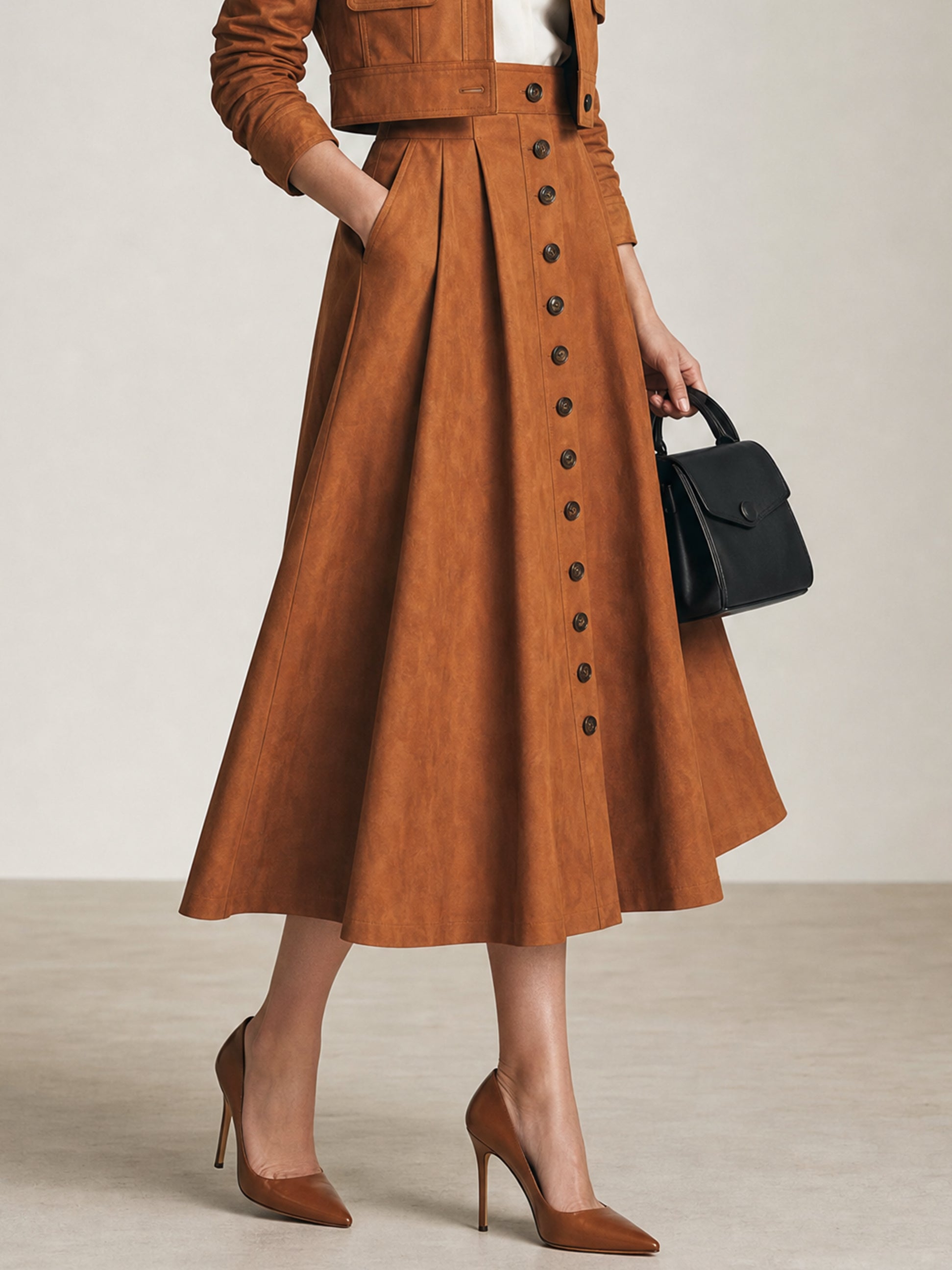 Camel High Waist Button Front Pleated Midi Skirt