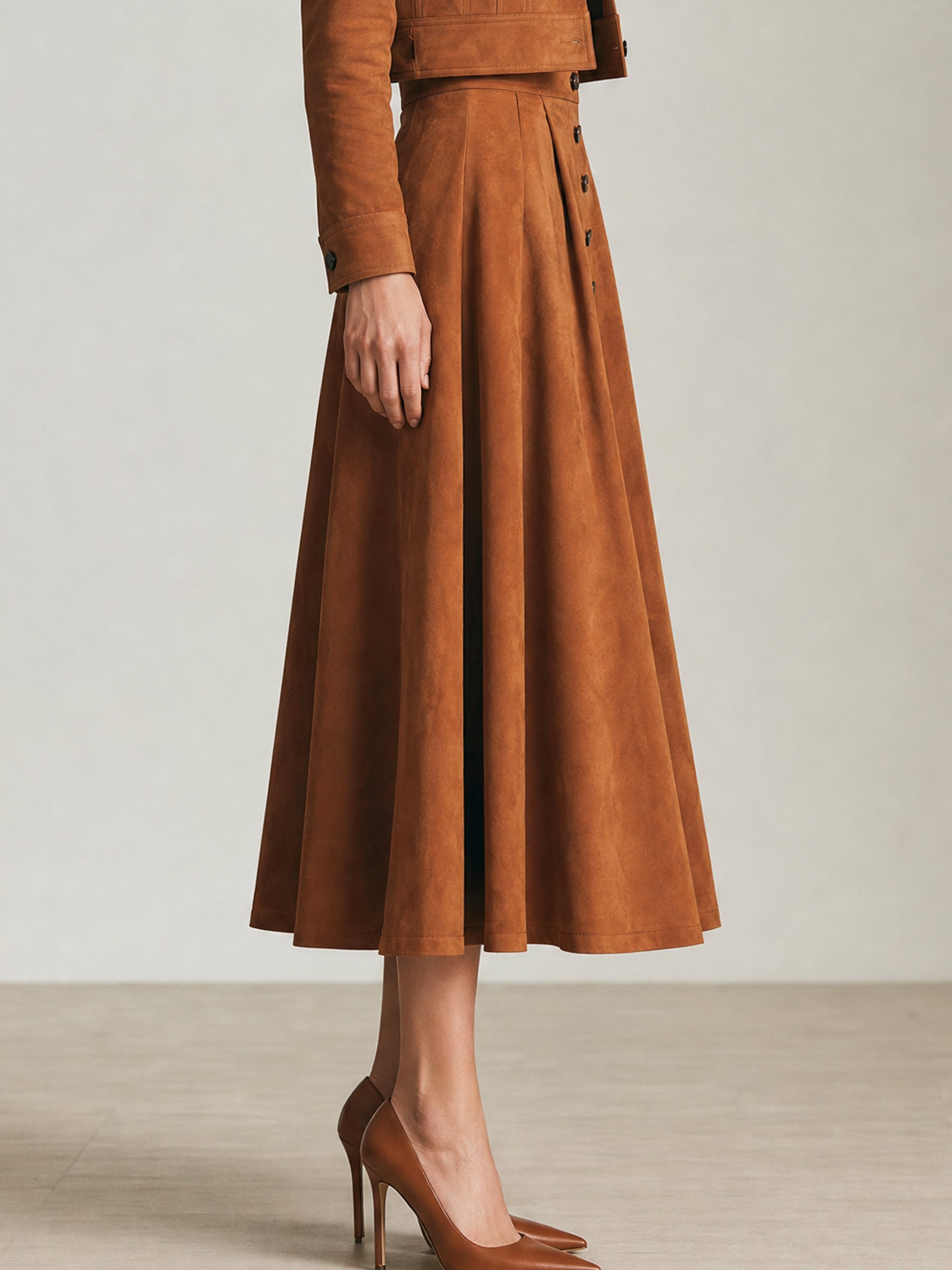 Camel High Waist Button Front Pleated Midi Skirt