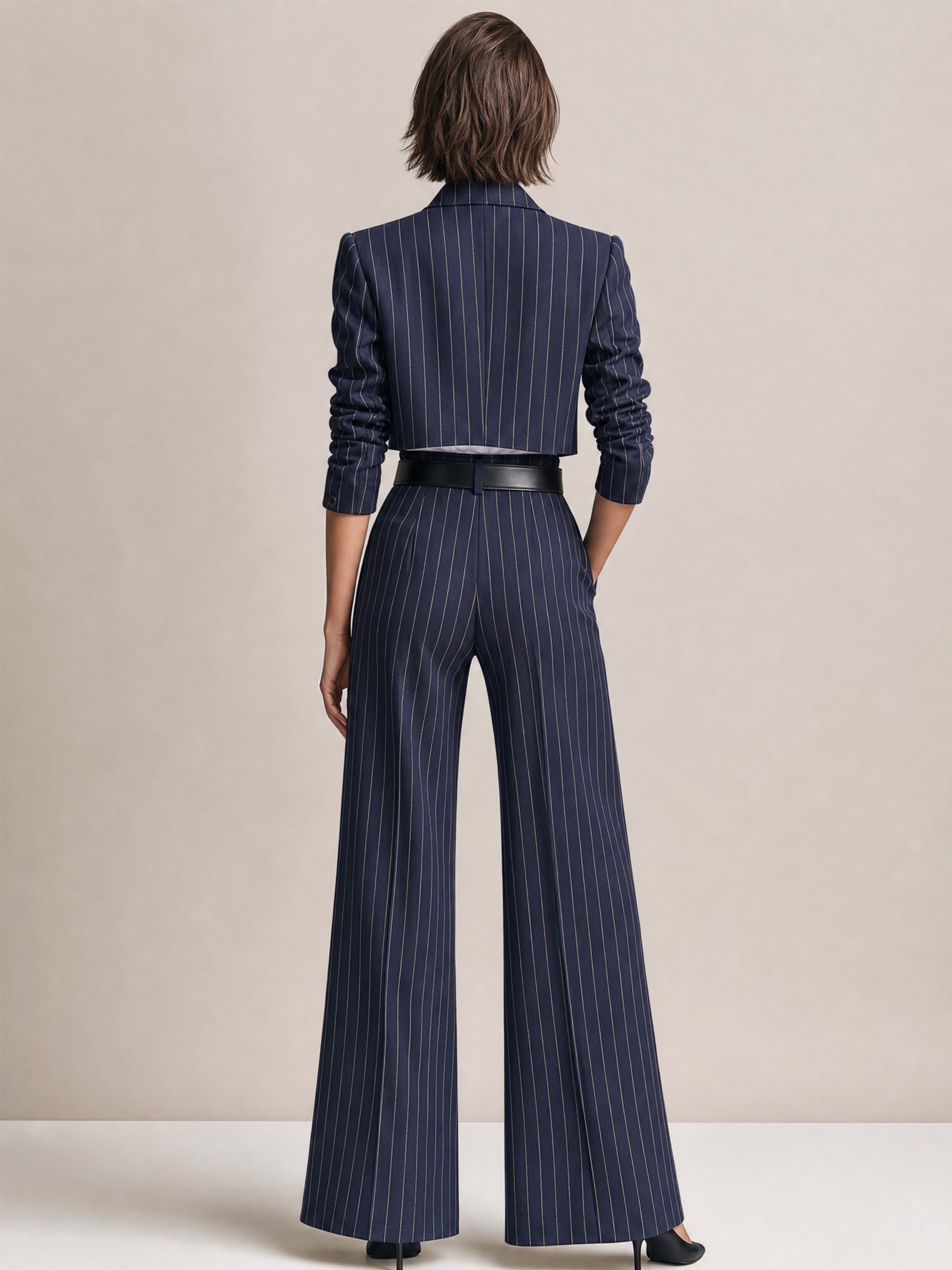 Navy Pinstripe Blazer & High Waist Wide Leg Trouser Suit