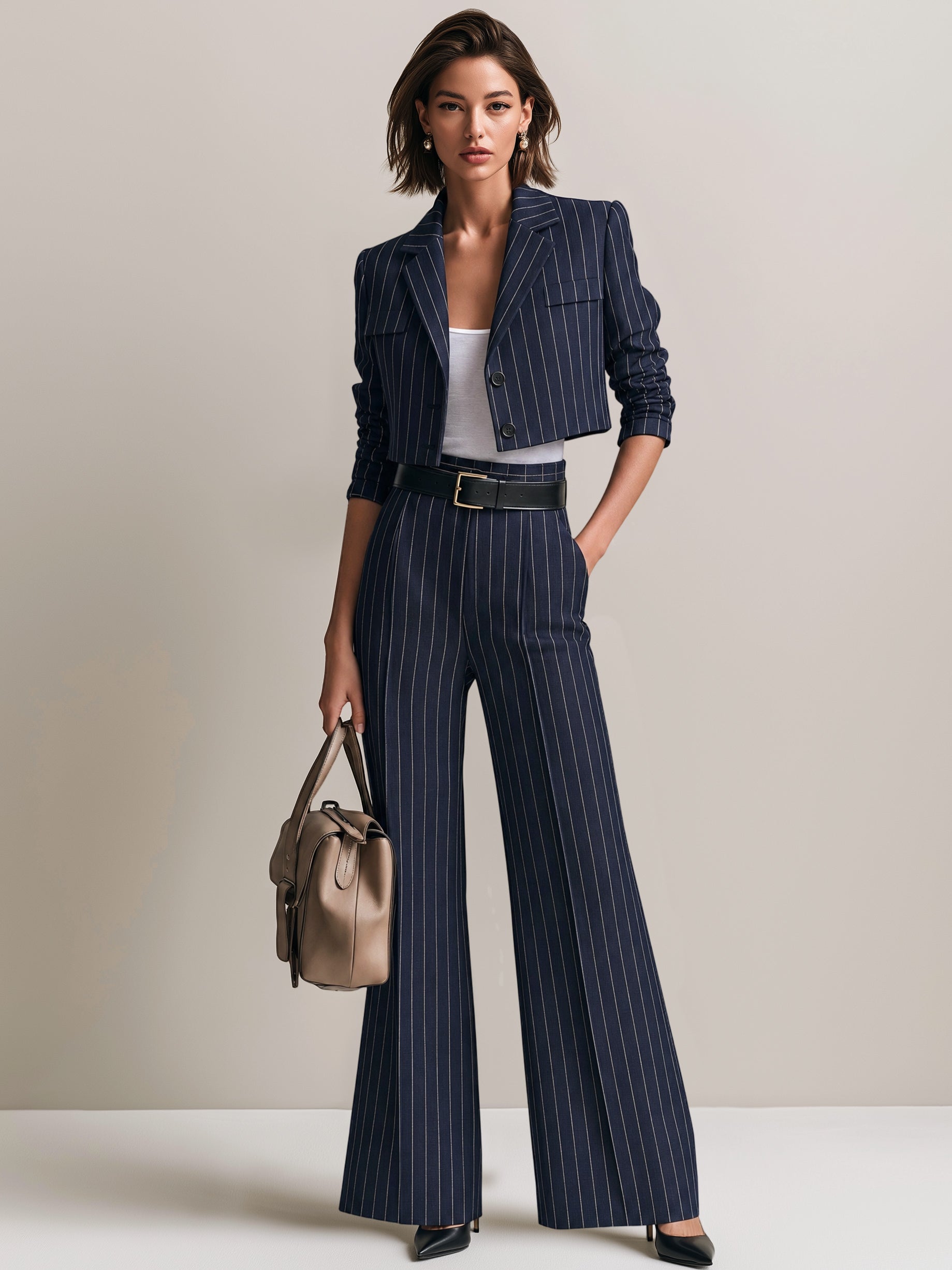 Navy Pinstripe Blazer & High Waist Wide Leg Trouser Suit