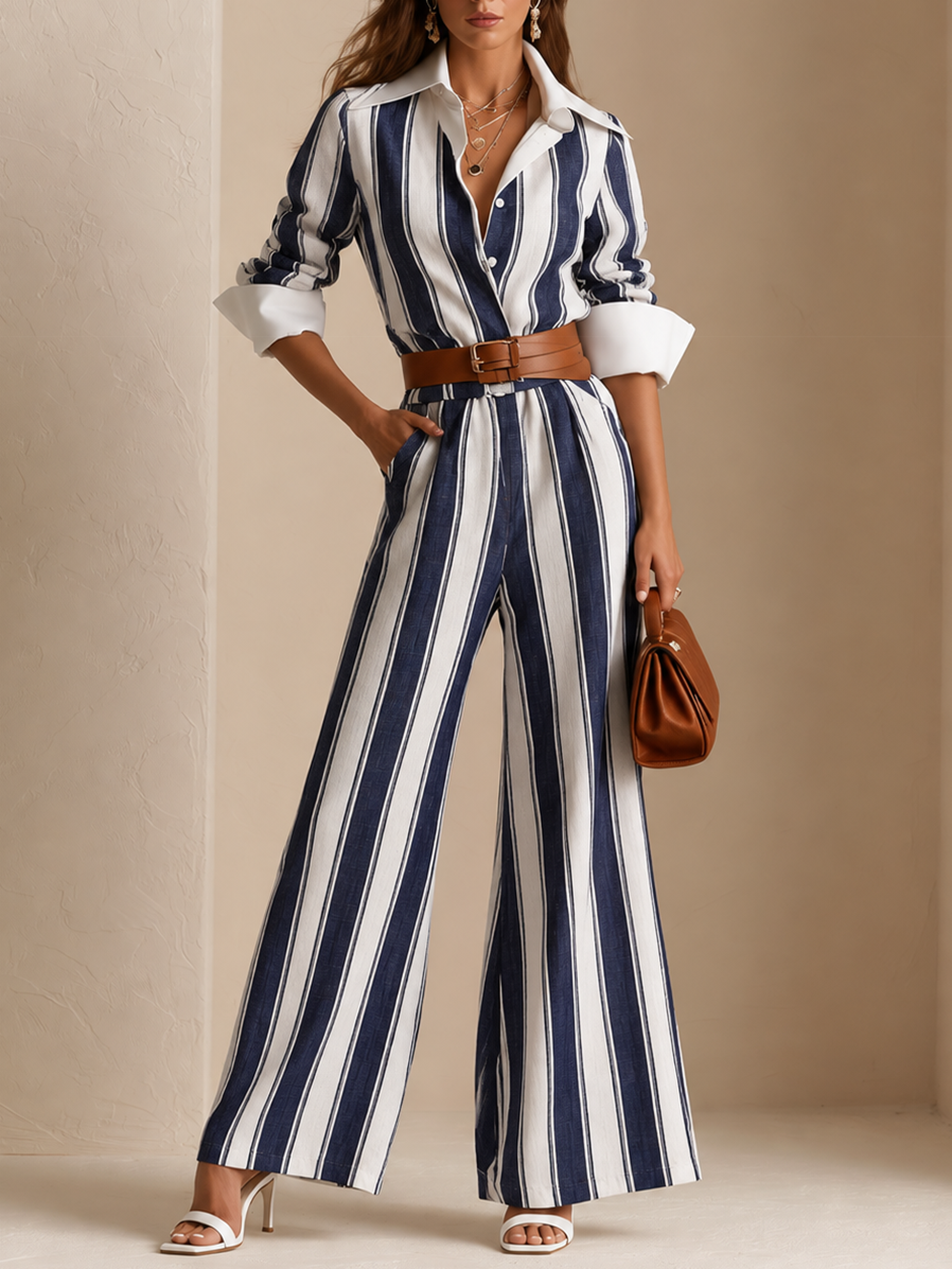 Elegant Navy Blue & White Stripe Linen Blend Jumpsuit