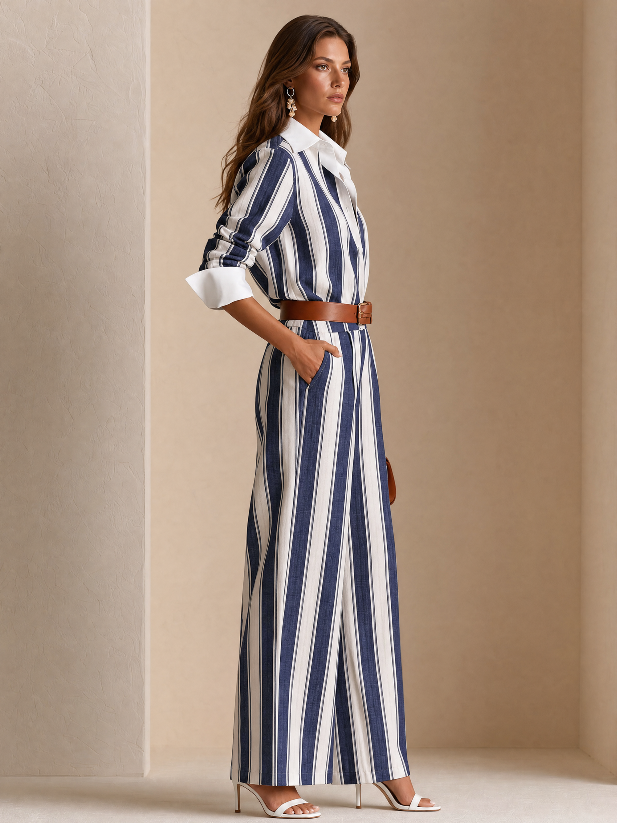 Elegant Navy Blue & White Stripe Linen Blend Jumpsuit