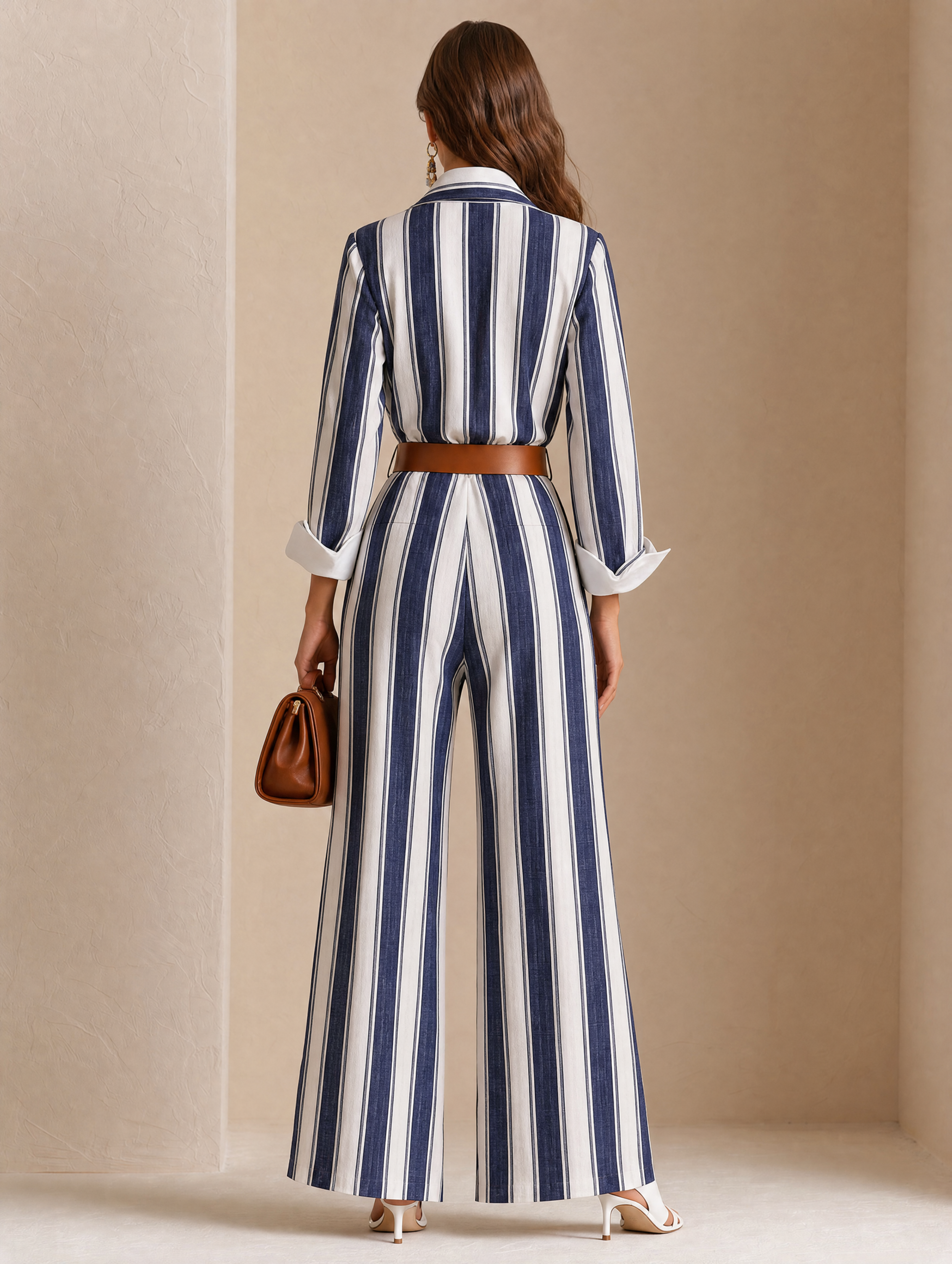 Elegant Navy Blue & White Stripe Linen Blend Jumpsuit