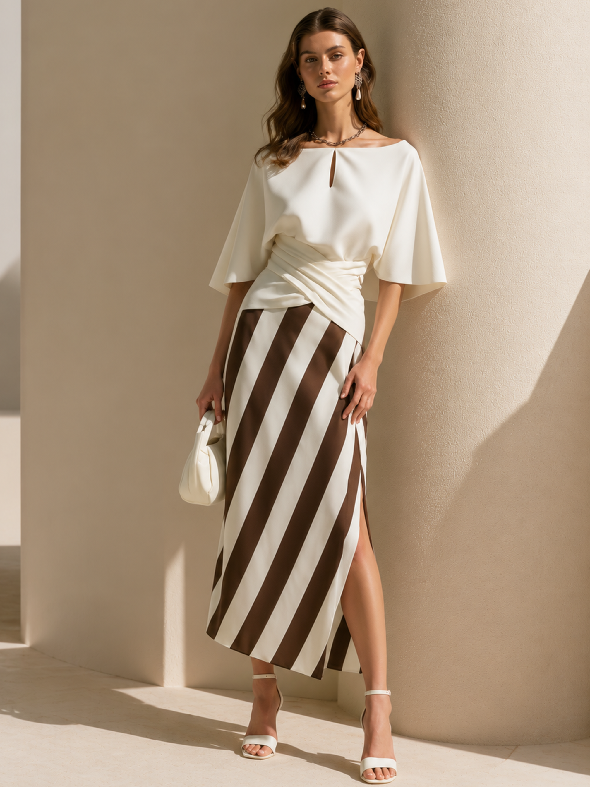 Elegant White Cape Sleeve Top & Burgundy Stripe Midi Skirt Set