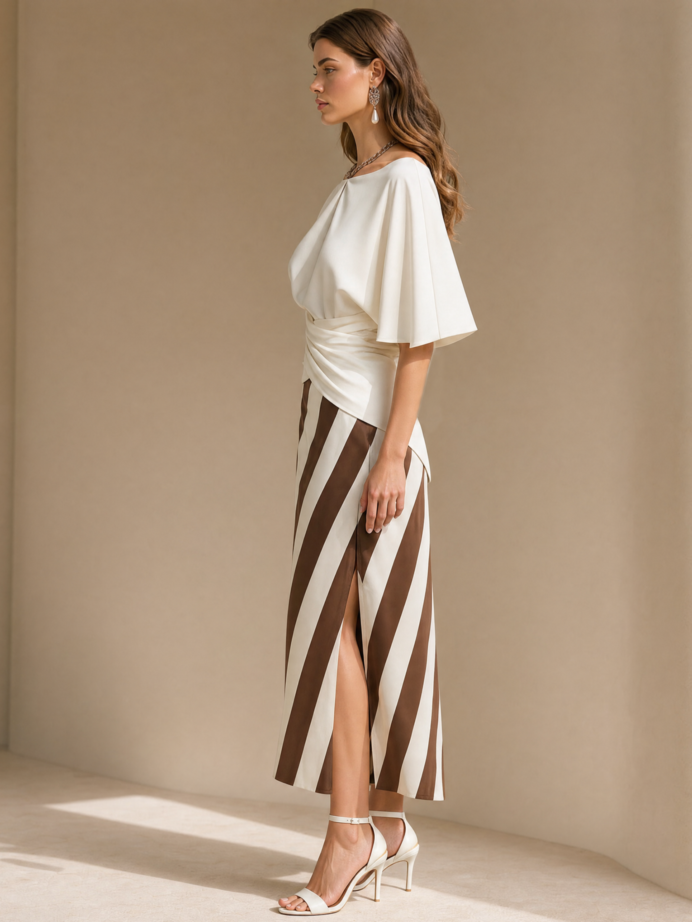 Elegant White Cape Sleeve Top & Burgundy Stripe Midi Skirt Set