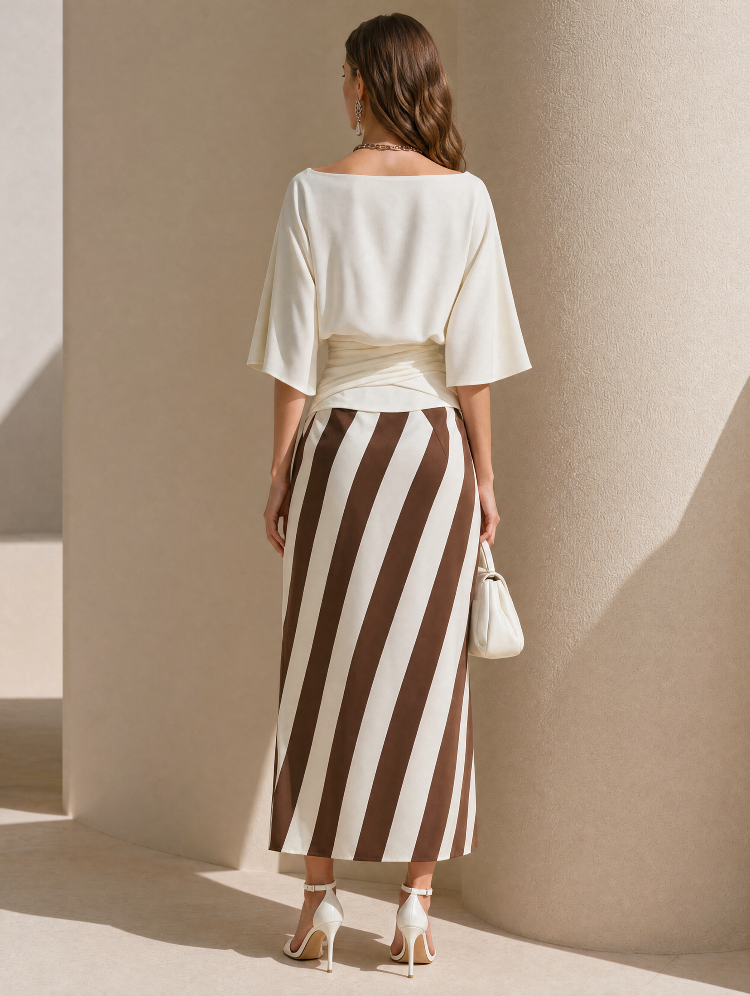Elegant White Cape Sleeve Top & Burgundy Stripe Midi Skirt Set