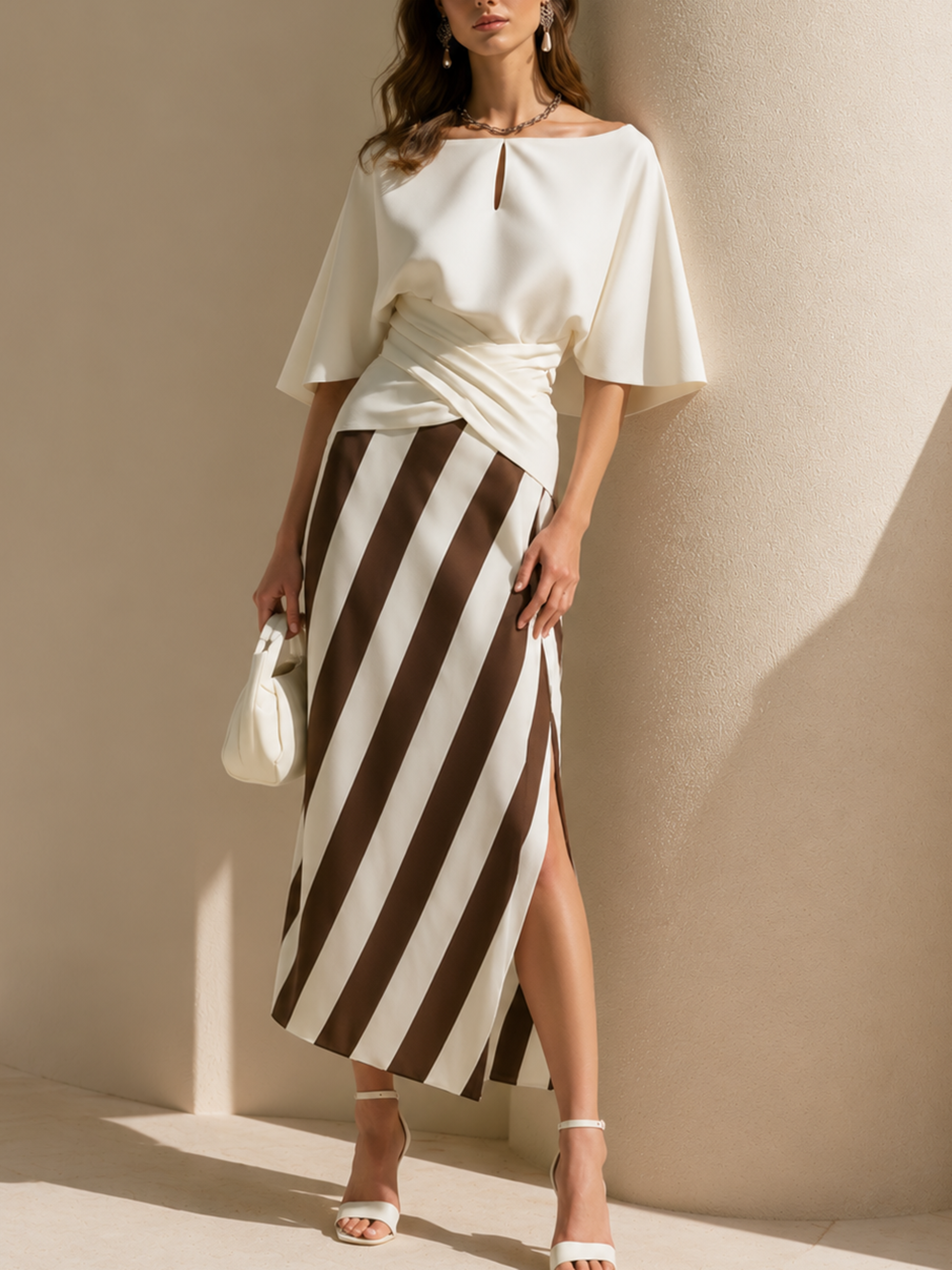 Elegant White Cape Sleeve Top & Burgundy Stripe Midi Skirt Set