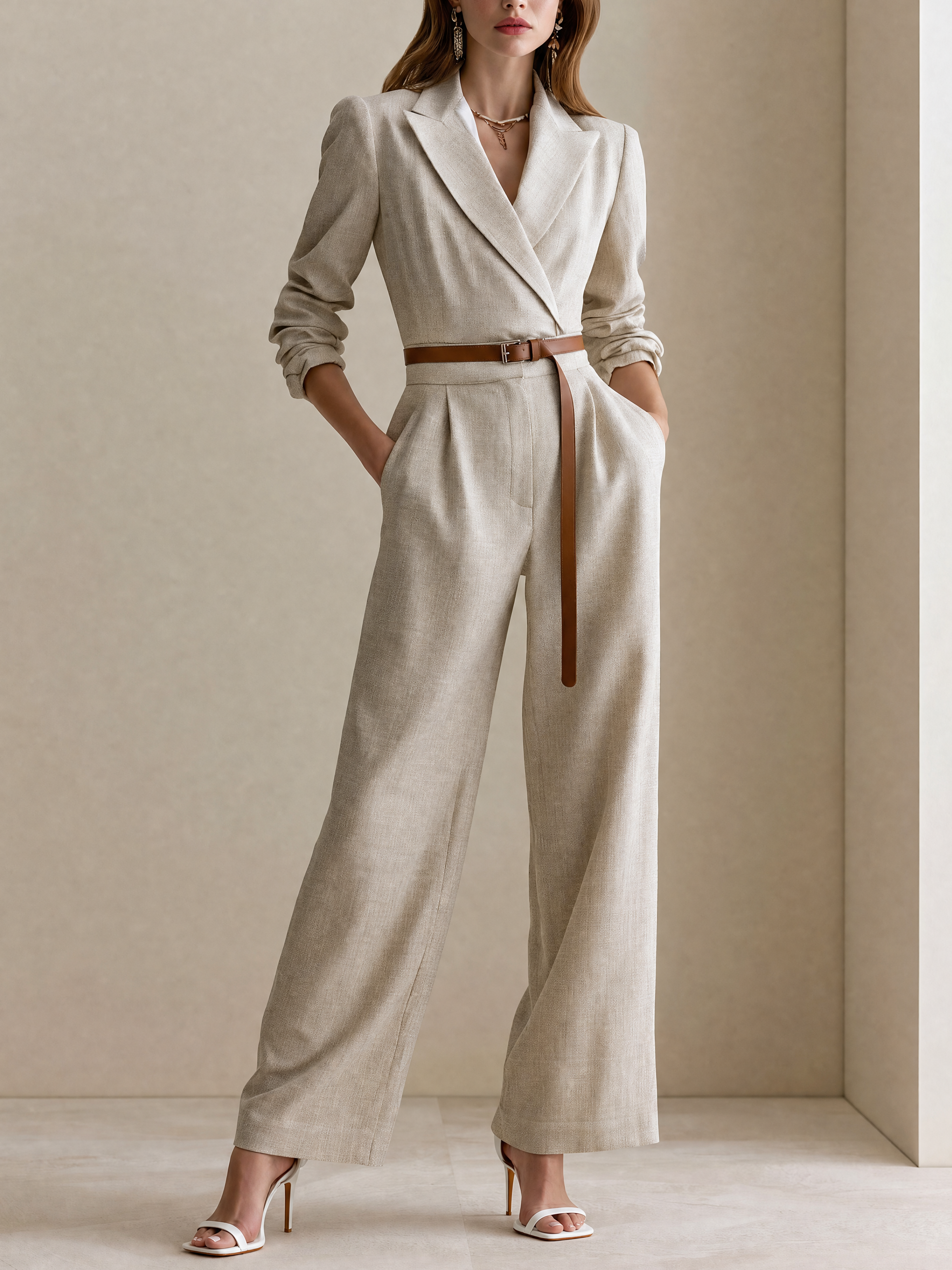 Elegant Ivory Linen Blend Tailored Blazer Jumpsuit