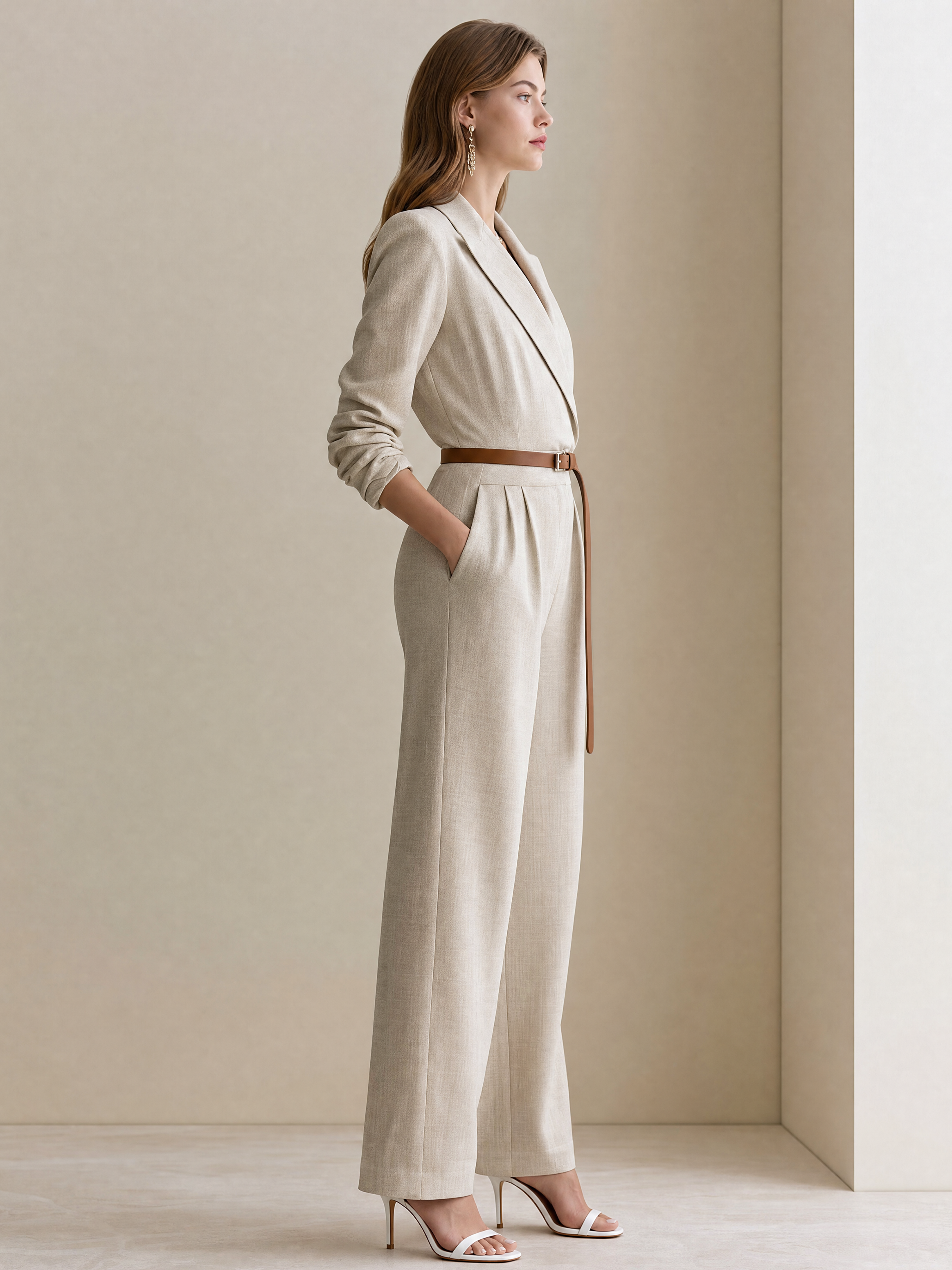 Elegant Ivory Linen Blend Tailored Blazer Jumpsuit