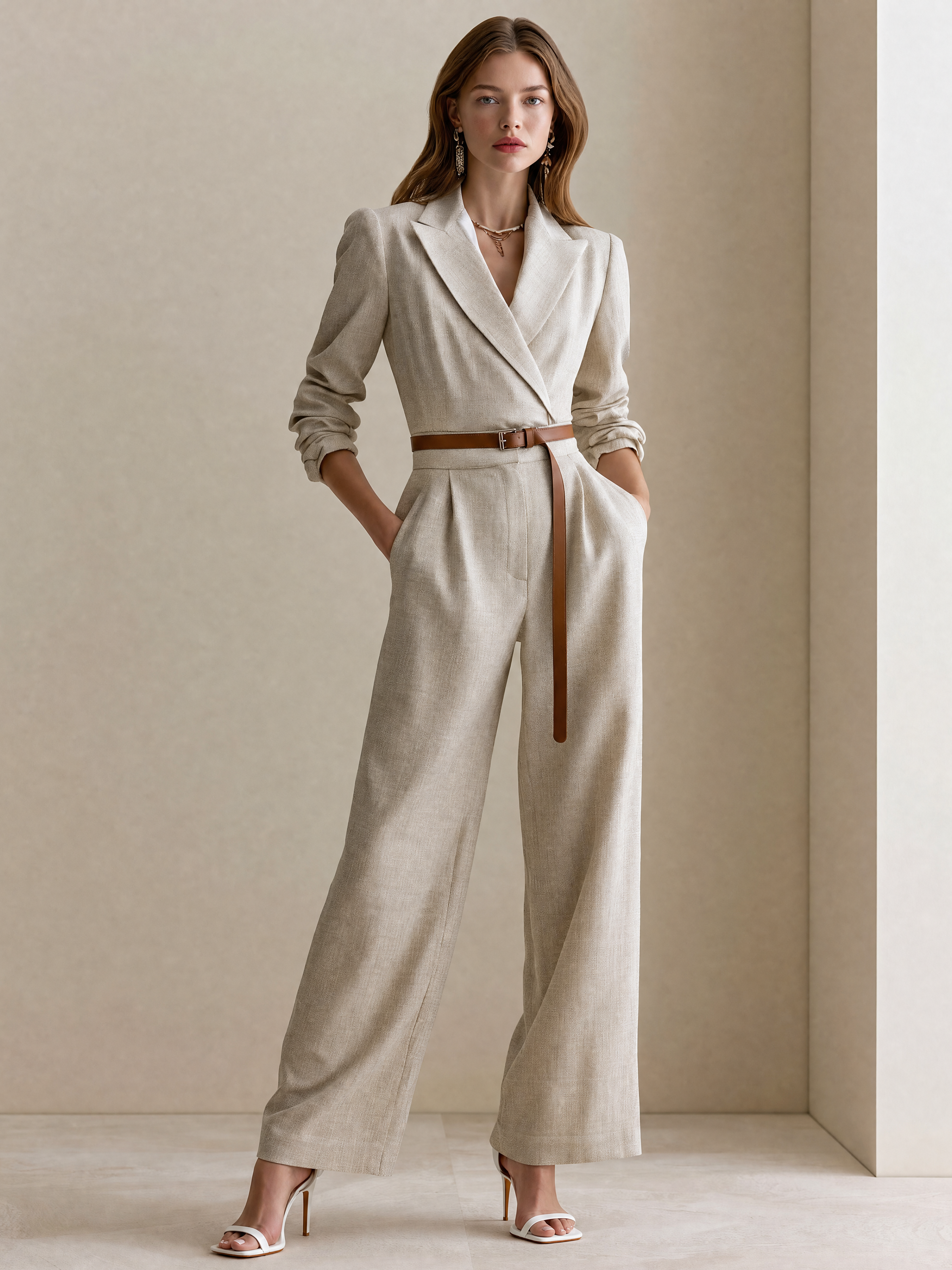 Elegant Ivory Linen Blend Tailored Blazer Jumpsuit