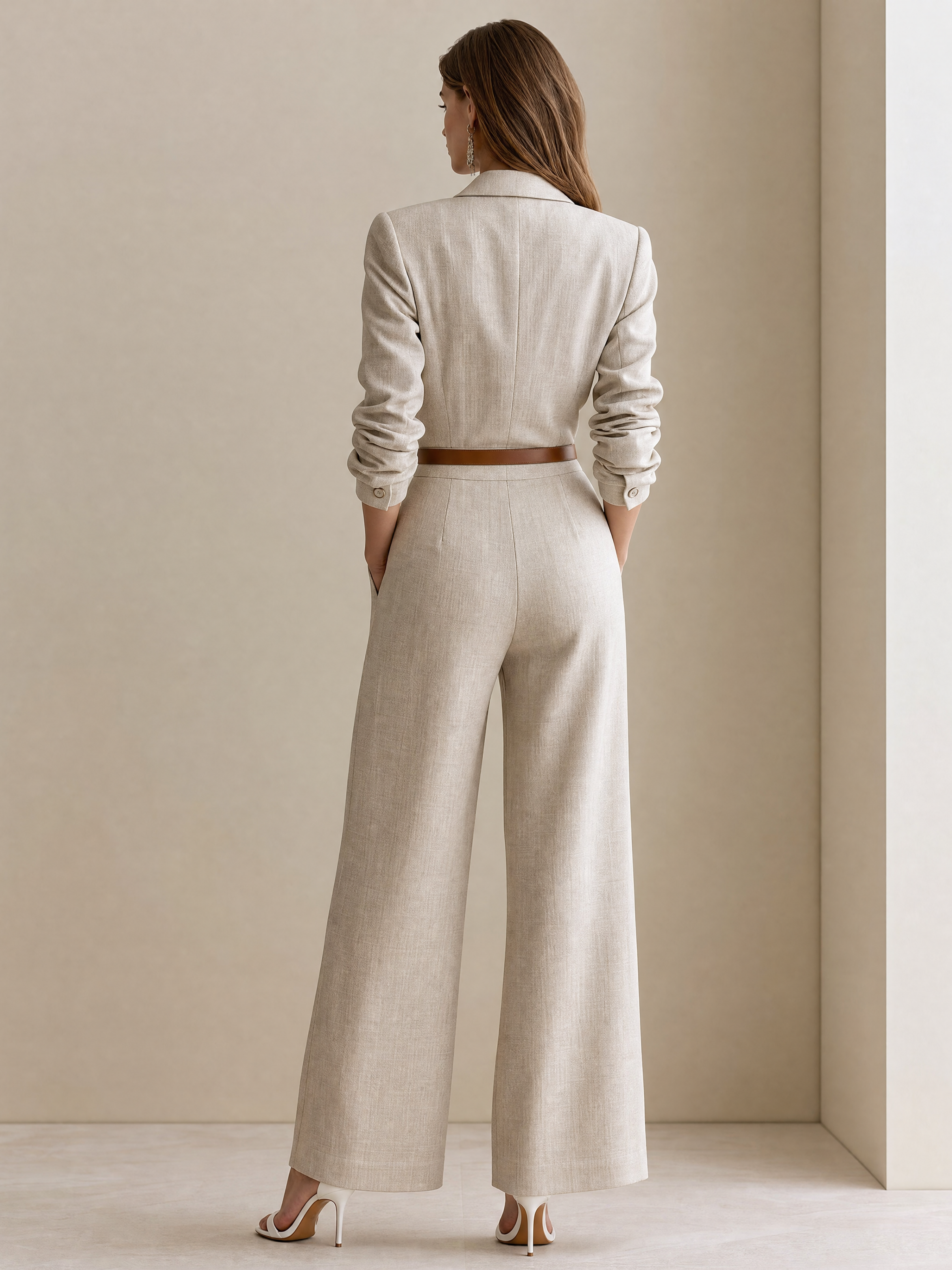 Elegant Ivory Linen Blend Tailored Blazer Jumpsuit