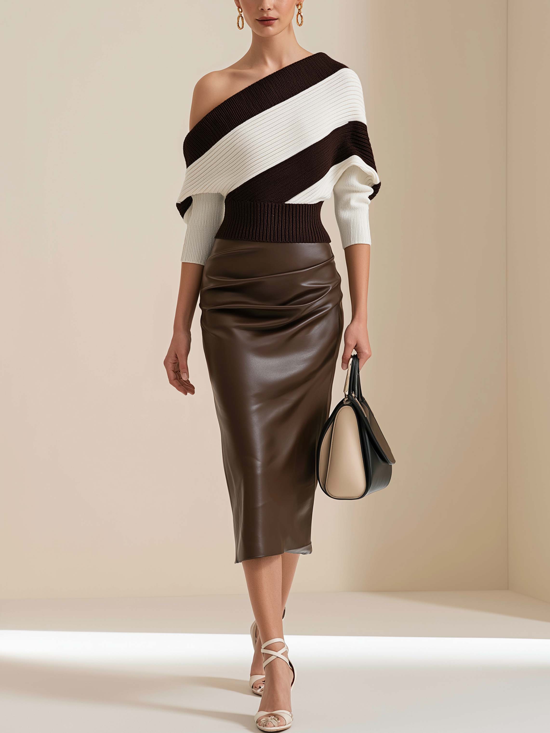 Elegant Relaxed Knit Coffee White Diagonal Stripe Set