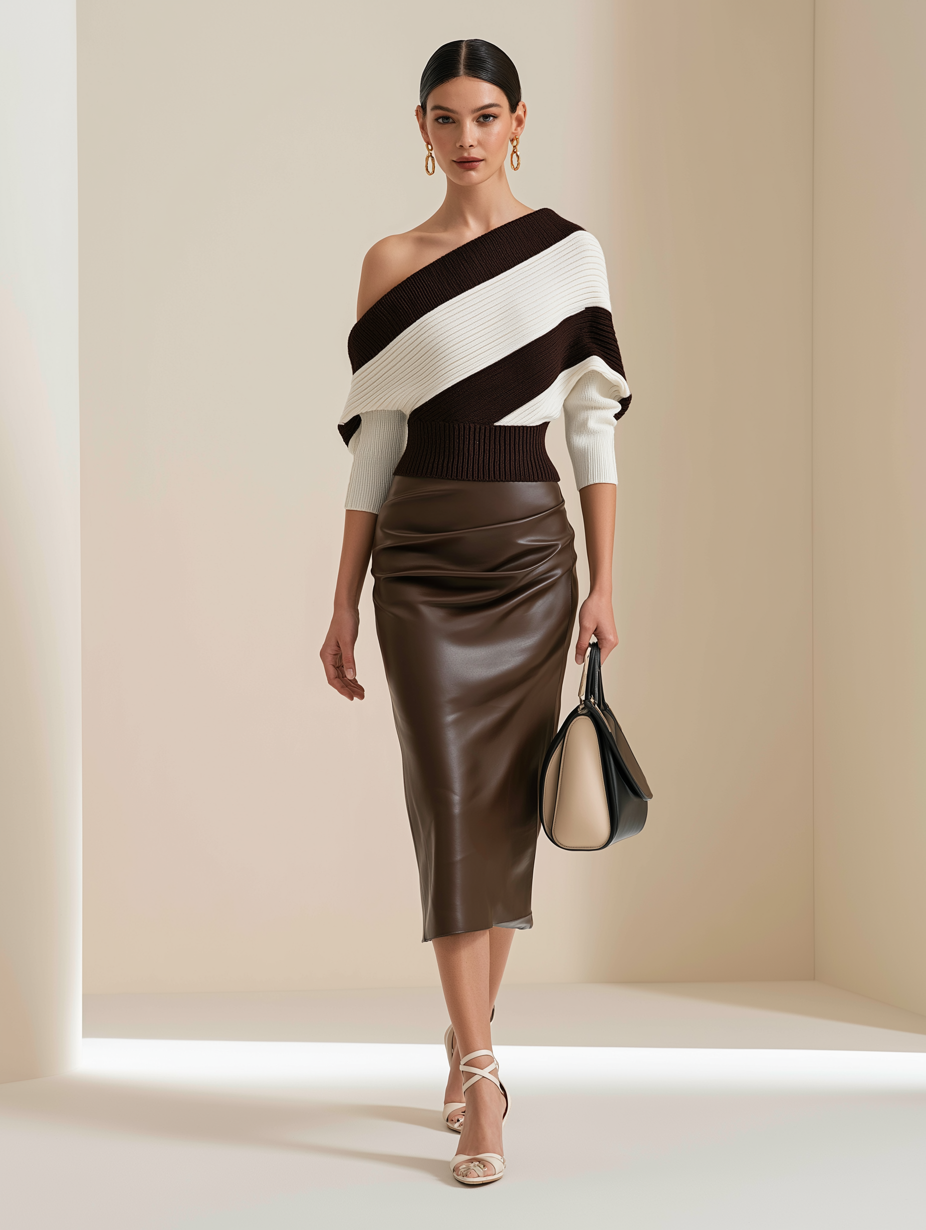 Elegant Relaxed Knit Coffee White Diagonal Stripe Set